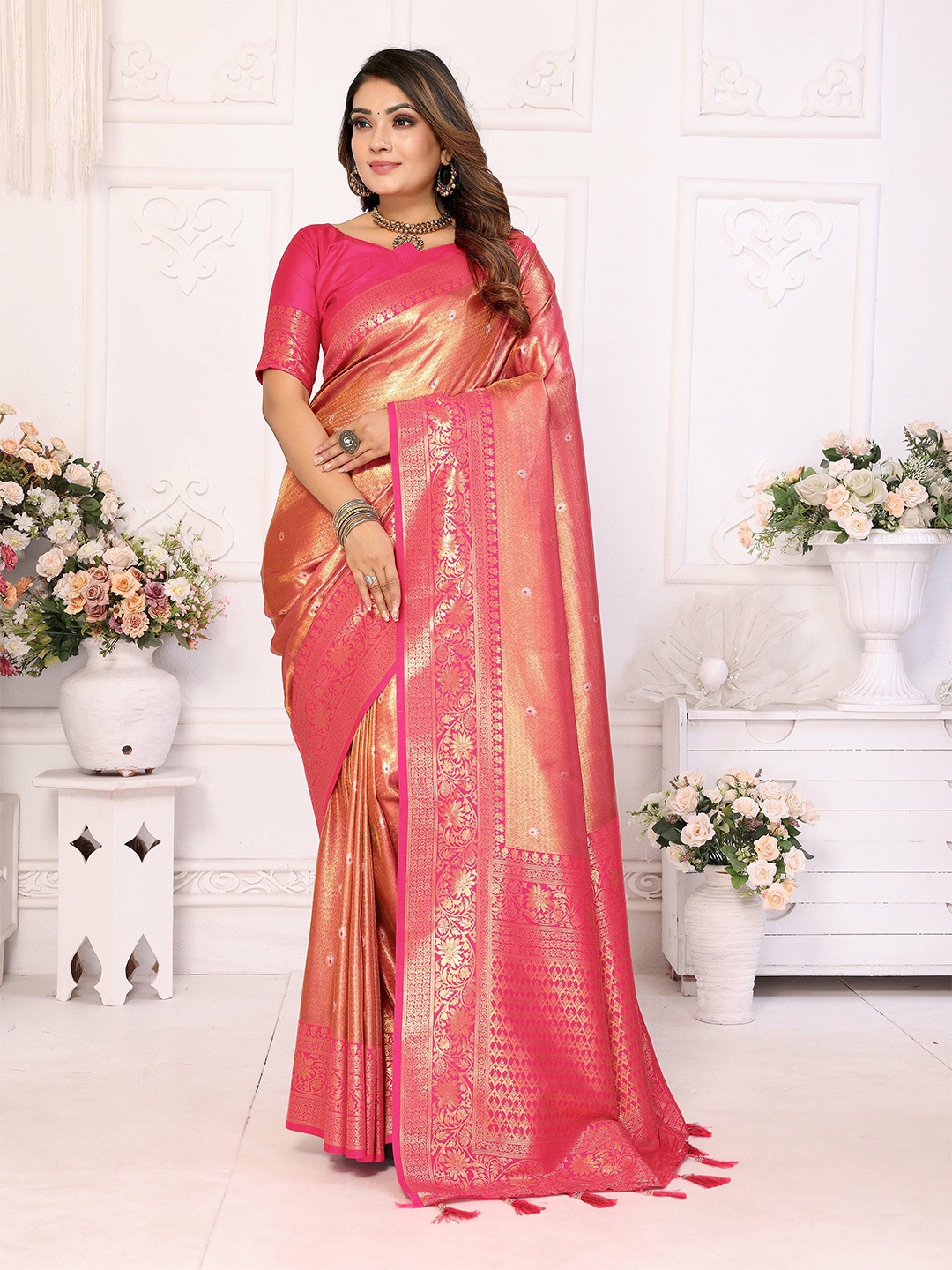 

Vintro Woven Design Zari Tissue Banarasi Saree, Orange