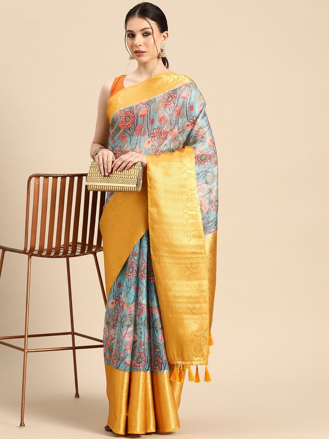 

DIVASTRI Pichwai Munga Checks Digital Printed Silk Saree with Woven Pallu & Border, Teal