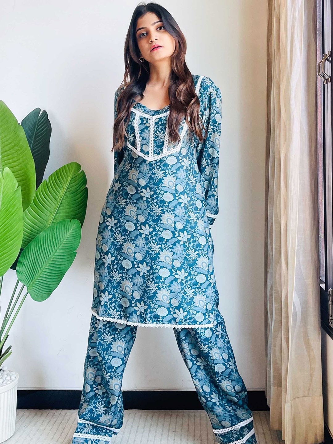 

ALLUREARMOIRE Women Printed Muslin Co-Ord Set, Blue
