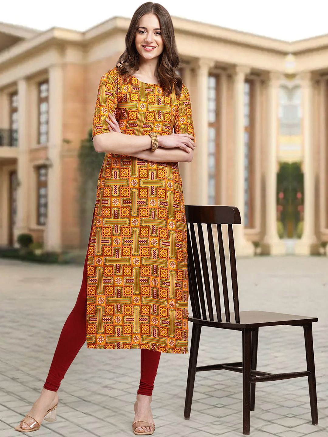 

7Threads Ethnic Motifs Printed Round Neck Straight Kurta, Mustard