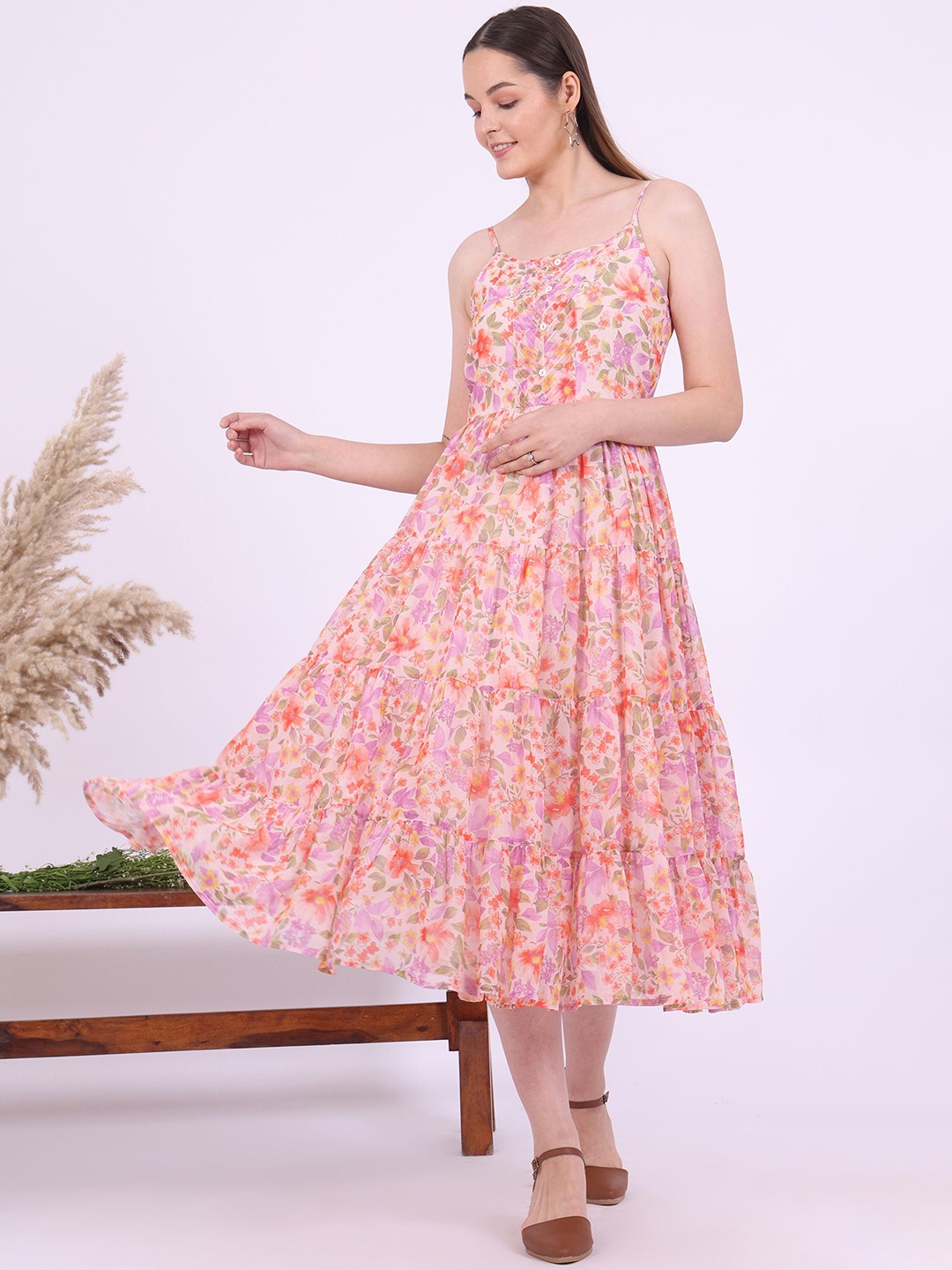 

AURELIA Women Floral Printed Tiered A-Line Midi Dress, Orange