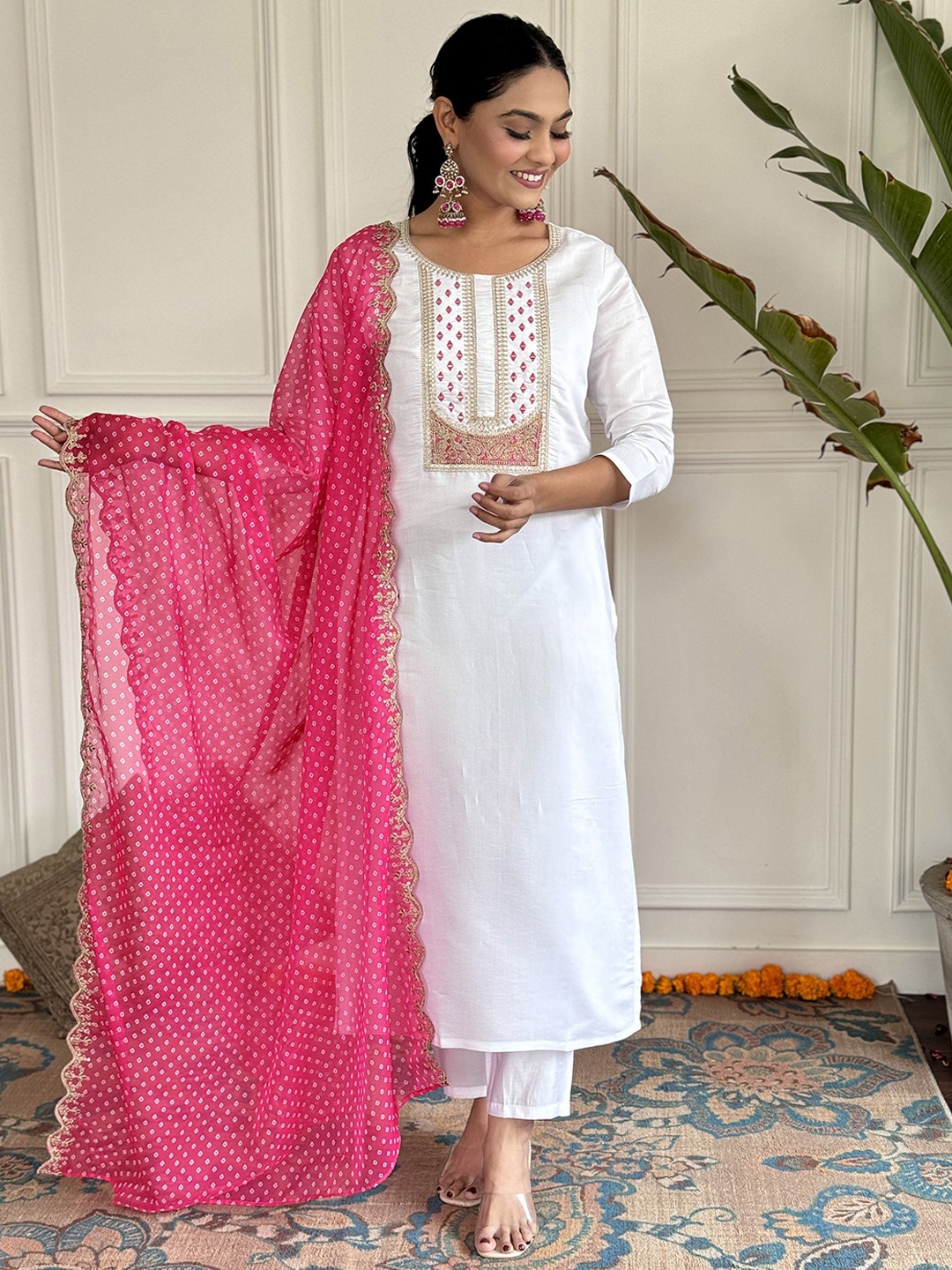 

Fashion Care Navlik Floral Embroidered Round Neck Straight Kurta With Trousers & Dupatta, White