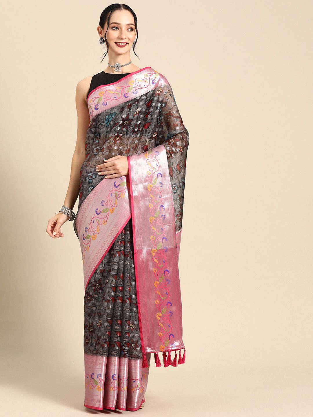 

DIVASTRI Banarasi Silk Woven With Digital Printed Saree, Black