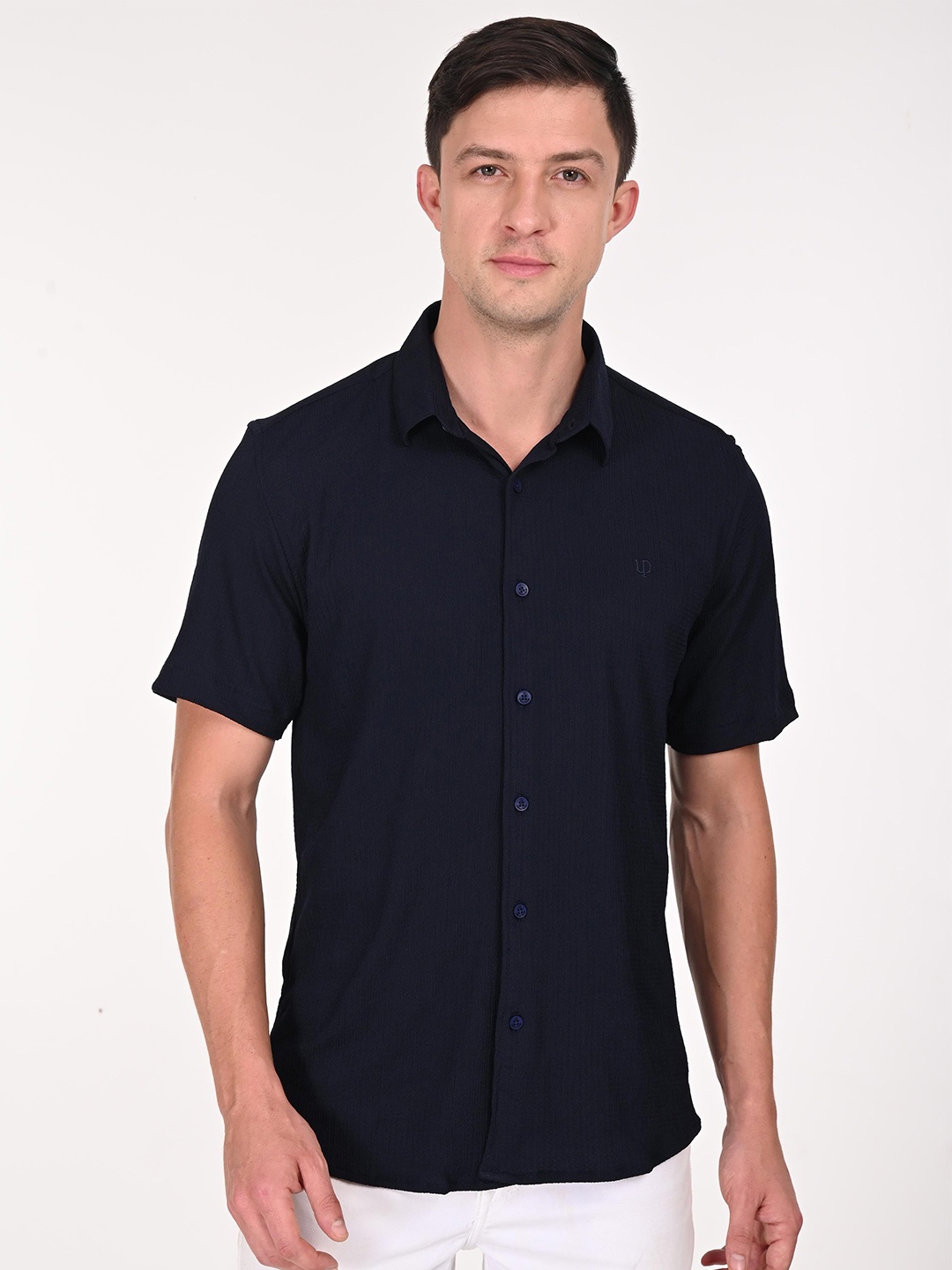 

URBAN POCHE Men Slim Fit Spread Collar Textured Cotton Casual Shirt, Navy blue