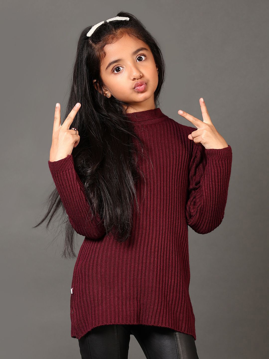 

V-Mart Girls High Neck Ribbed Cotton Pullover, Maroon