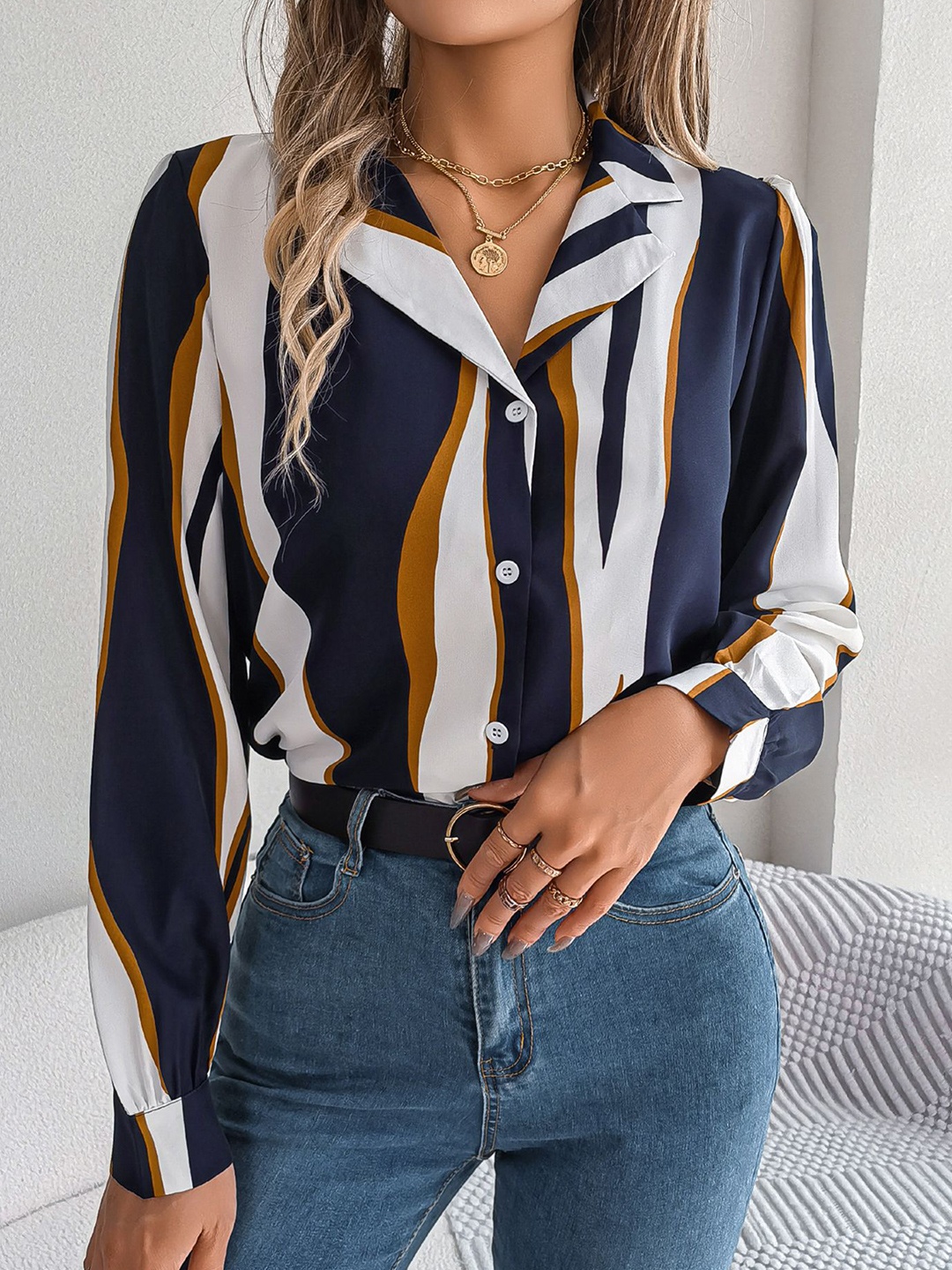 

StyleCast x Revolte Women Cuban Collar Abstract Printed Casual Shirt, Navy blue