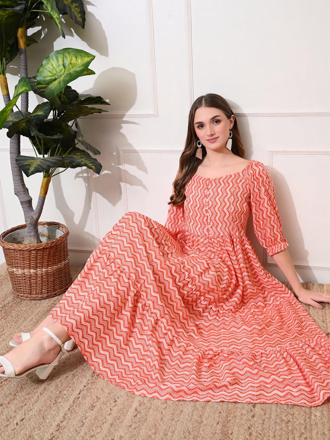 

DECKEDUP Women Off-Shoulder Ruffled Fit & Flare Maxi Dress, Orange