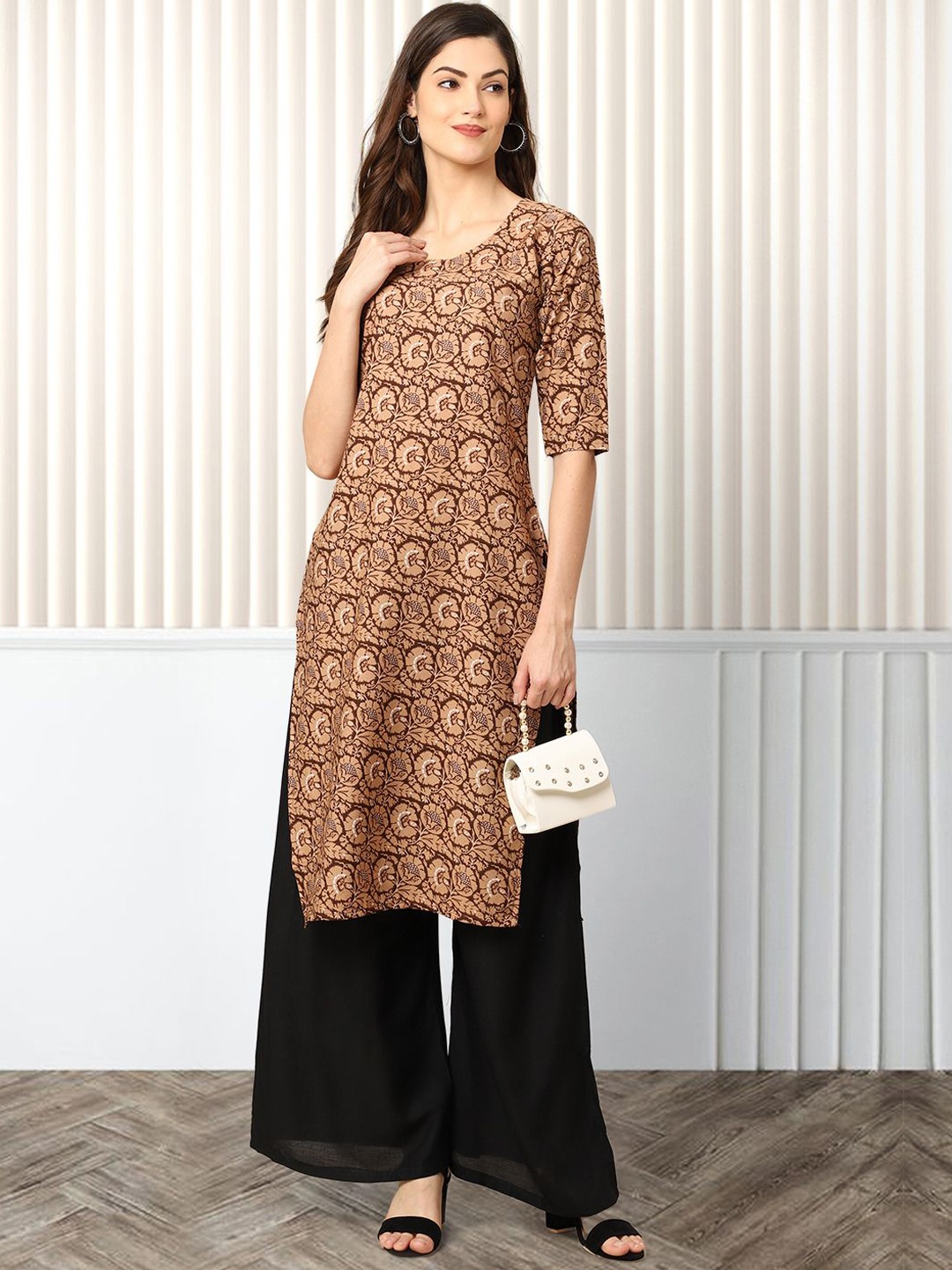 

Moda Rapido Floral Printed Round Neck Straight Kurta, Beige