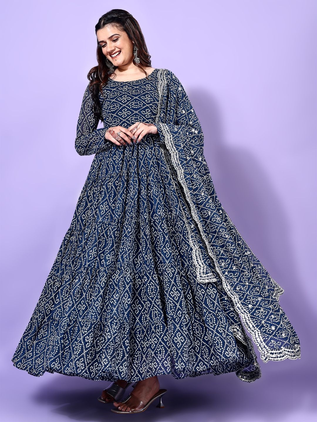 

KALINI Bandhani Printed Tiered Georgette Anarkali Kurta With Trouser & Dupatta, Blue