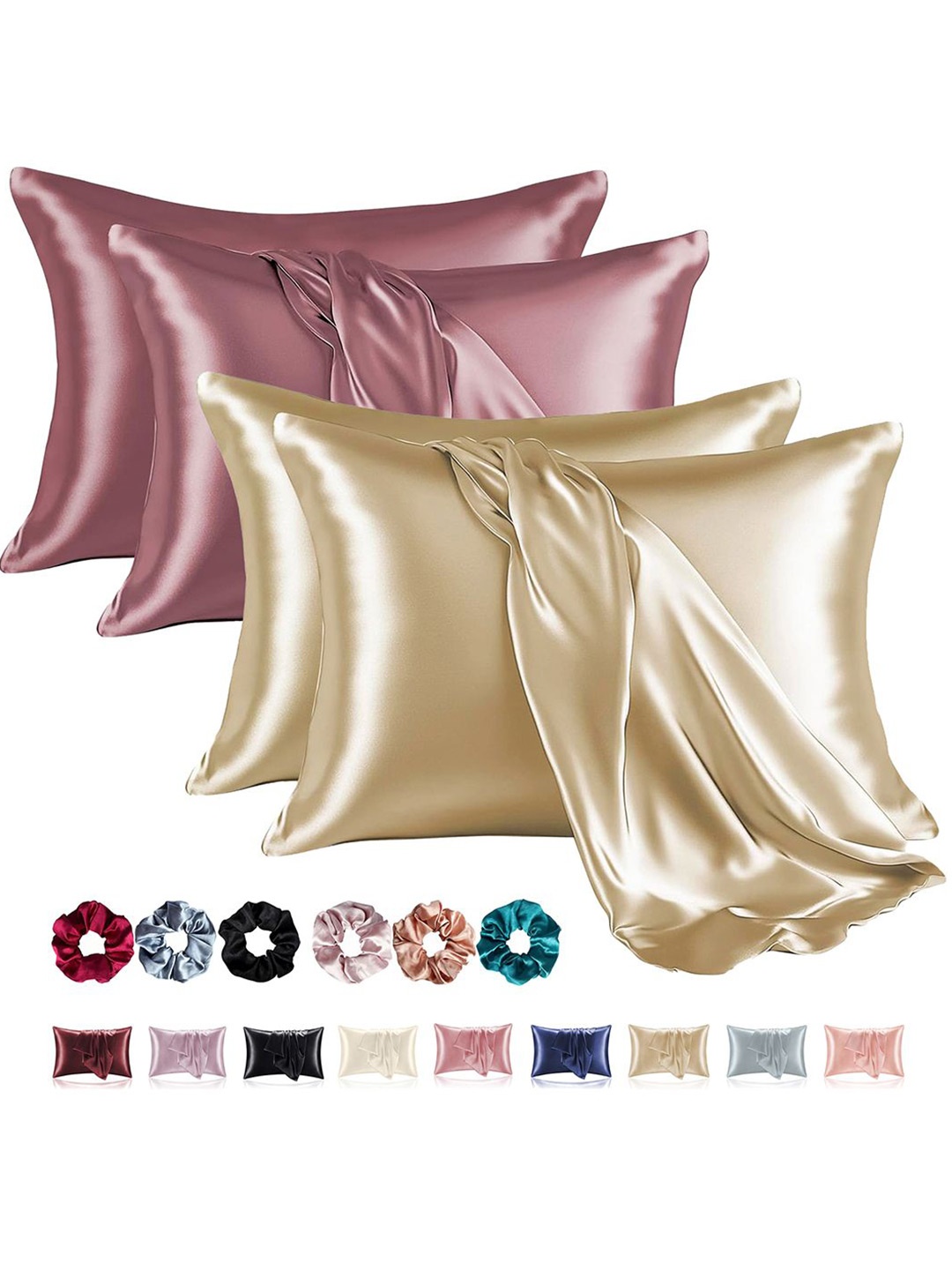 

Kuber Industries Gold Toned & Rose 4 Pieces Soft Satin Rectangle Pillow Covers