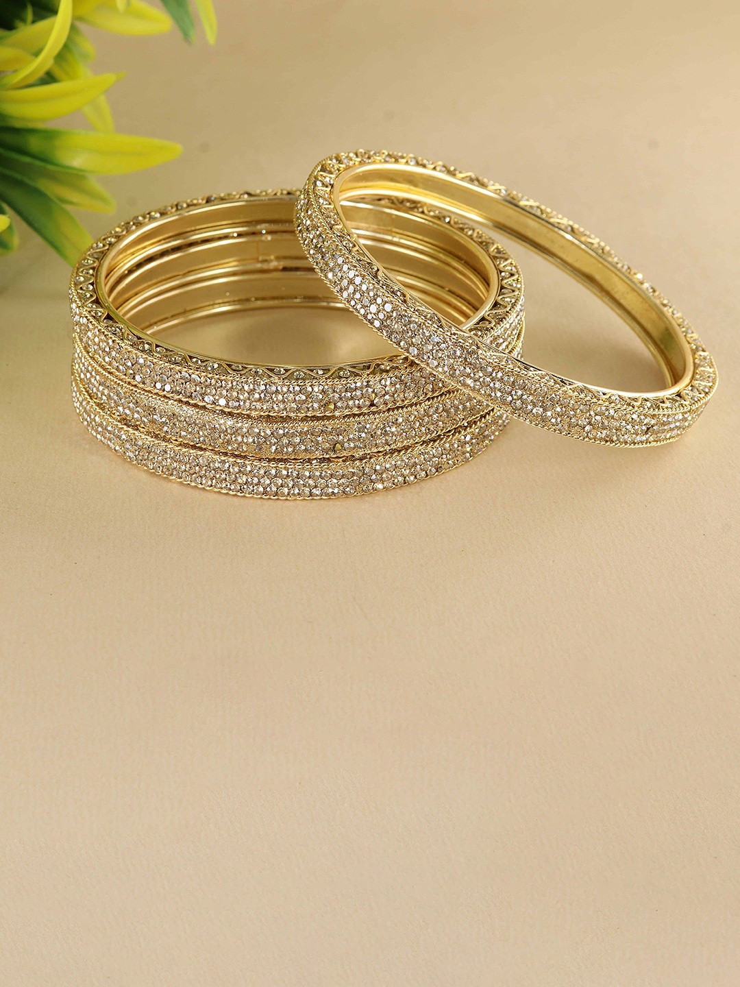 

LAVAZZA Pack of 4 Women Gold Plated with Zircon Stones Studded Kada Bangles