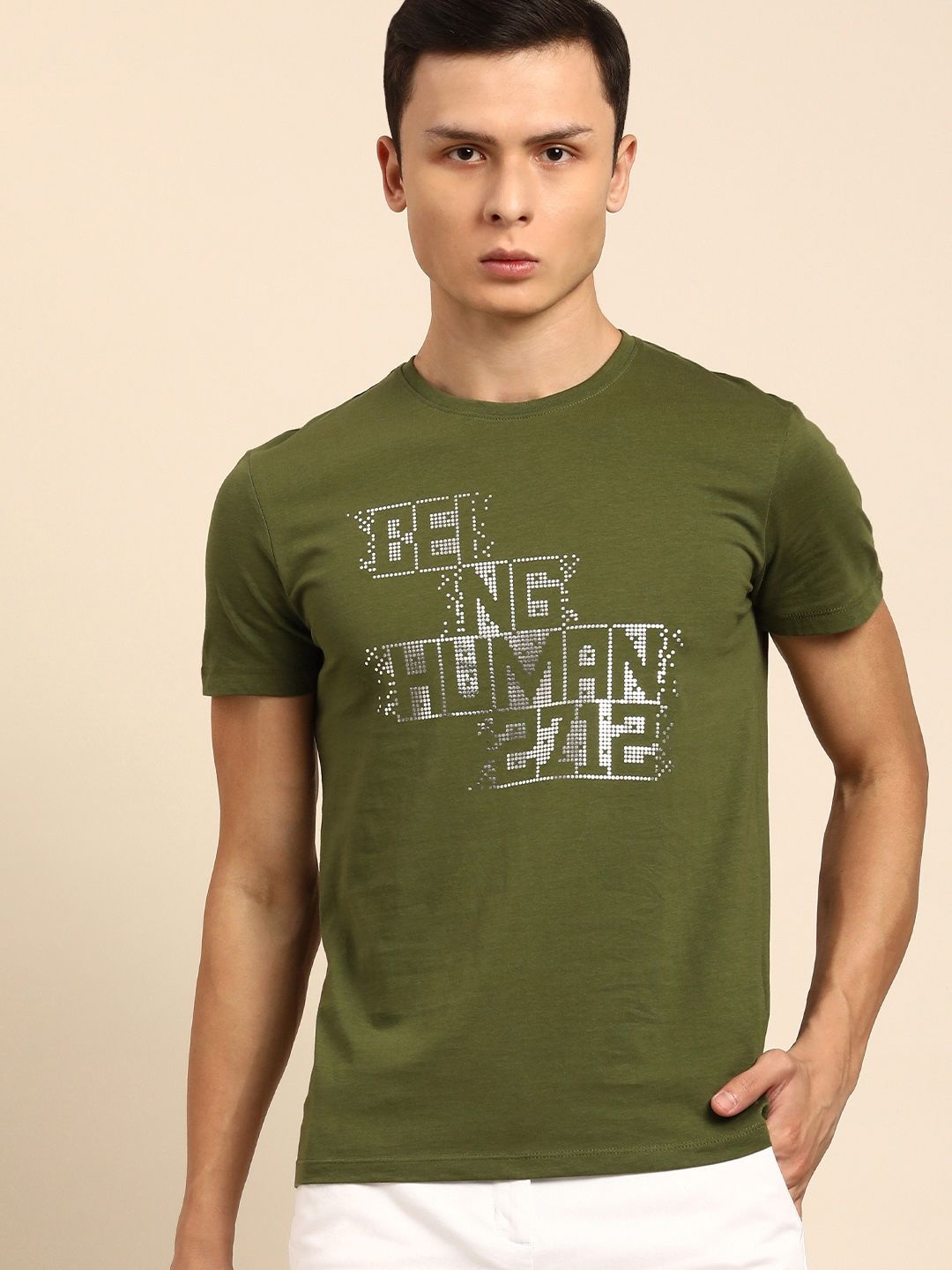 

Being Human Men Typography Printed Applique T-shirt, Green
