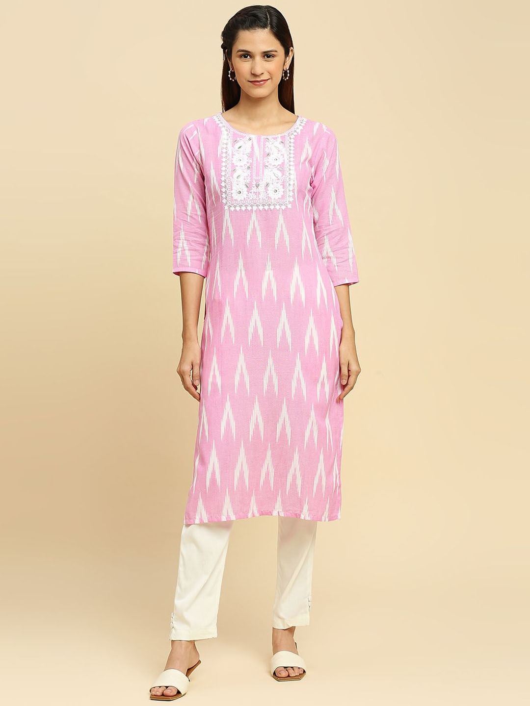 

INDYES Floral Embroidered Sequinned Round Neck Straight Pure Cotton Kurta, Pink