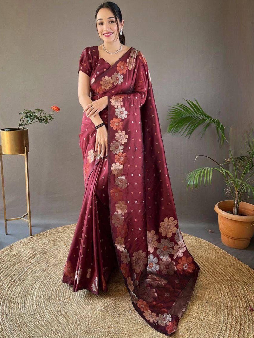 

S.K.C Floral Woven Design Zari Silk Banarasi Saree, Maroon