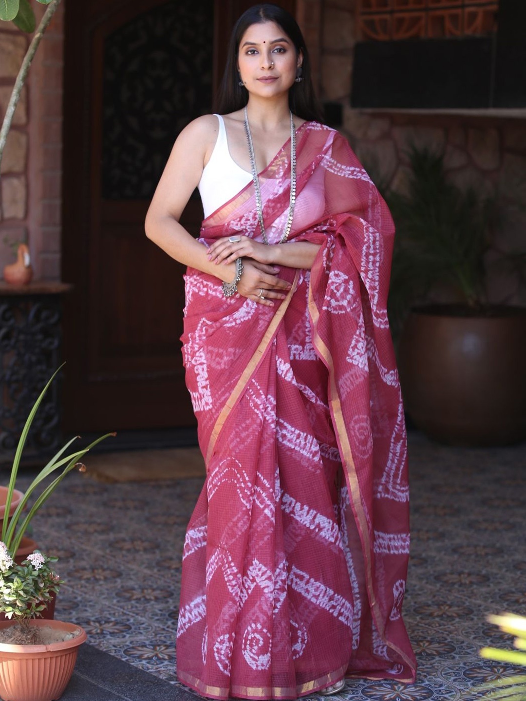 

GRAY AND GREEN Tie and Dye Zari Pure Cotton Kota Saree, Pink