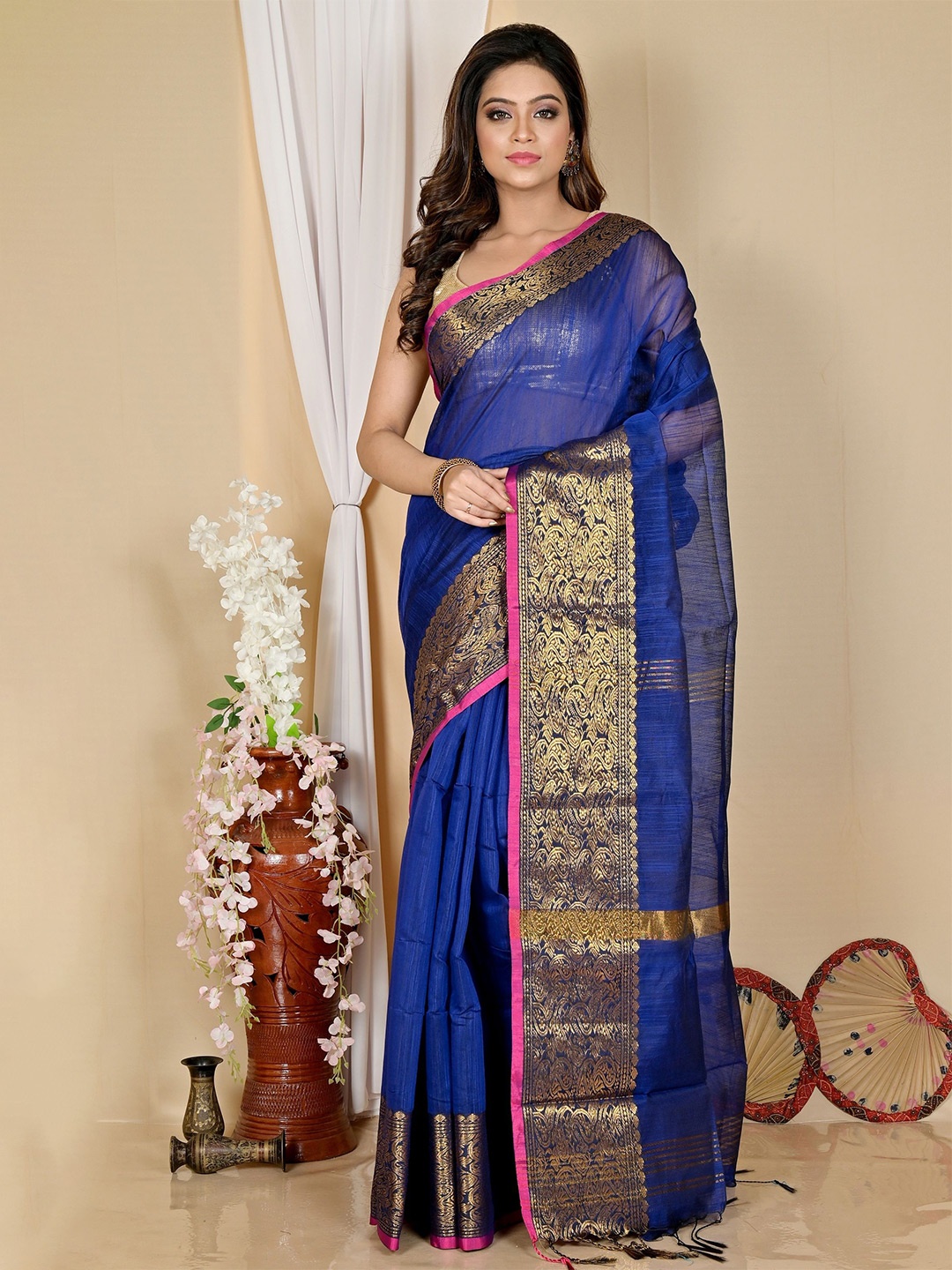 

DipDiya Zari Taant Saree, Navy blue