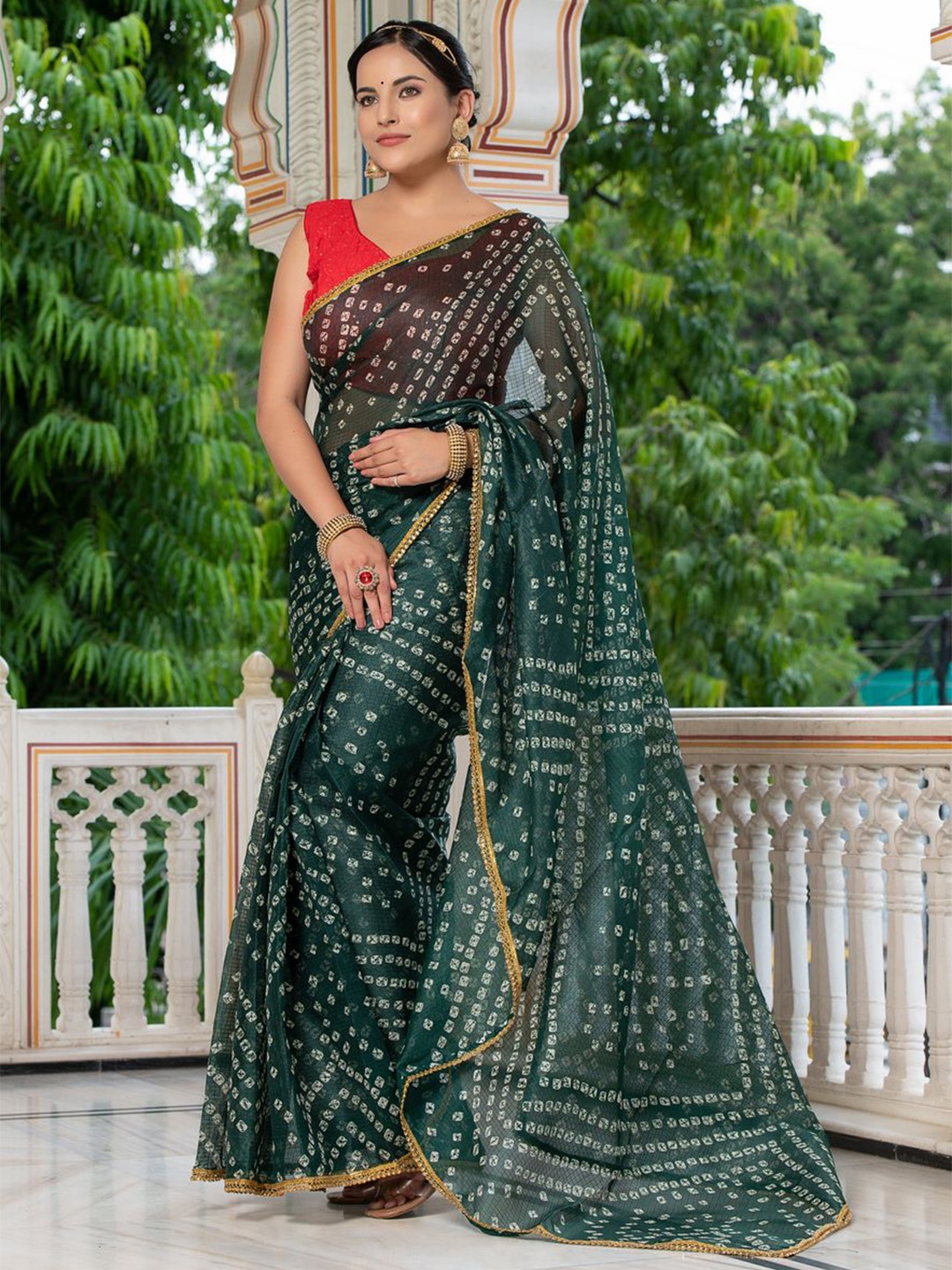 

Indi INSIDE Bandhani Printed Beads and Stones Kota Saree, Green