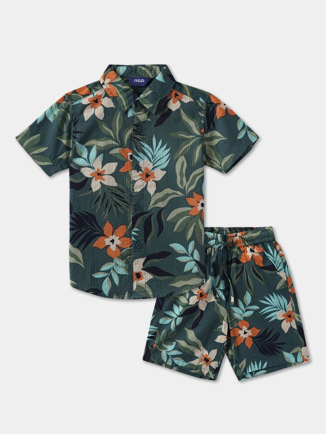 

R&B Boys Floral Printed Shirt Collar Shirt With Shorts Clothing Set, Green