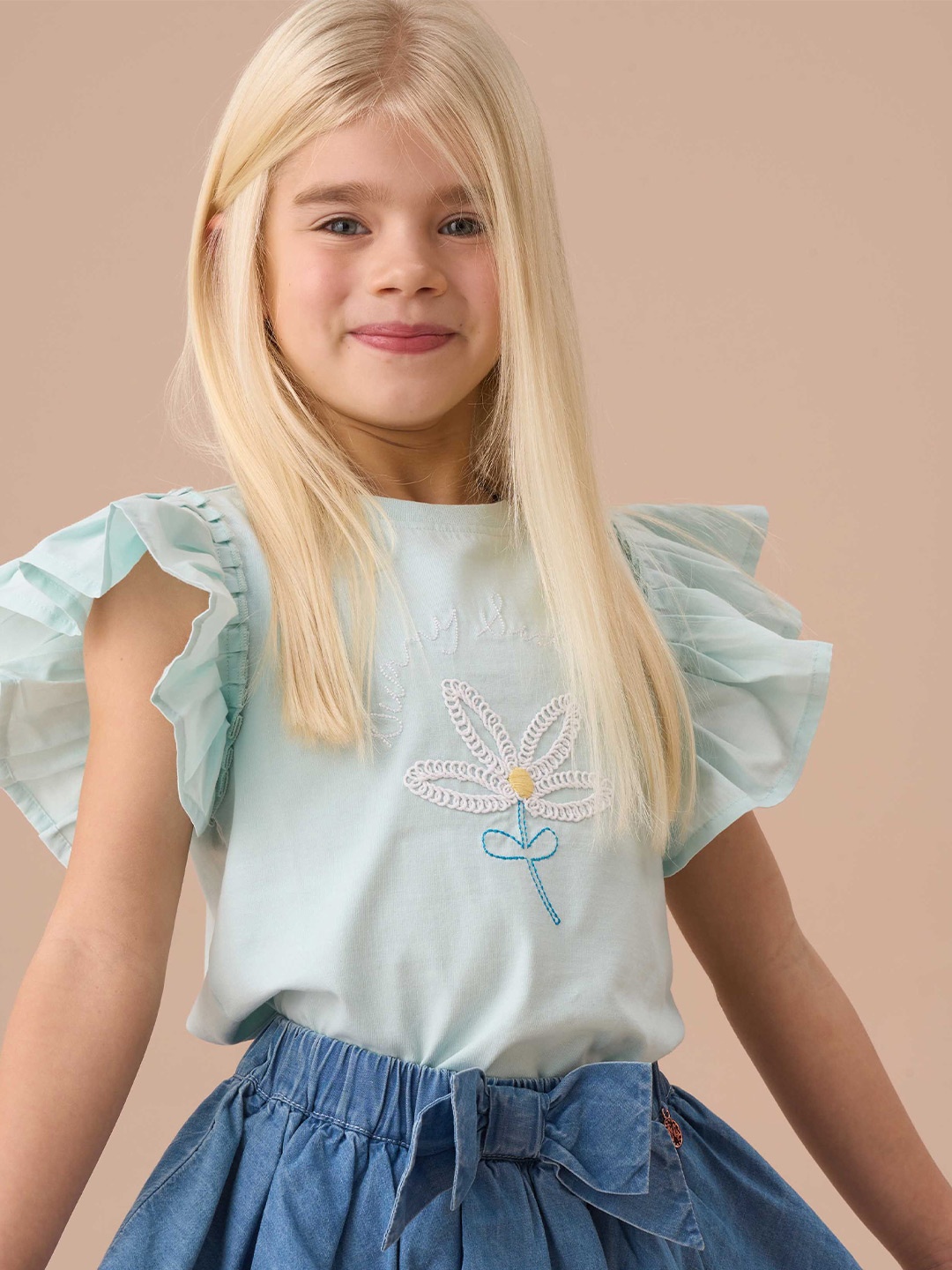 

Angel & Rocket Girls Floral Embroidered Flutter Sleeves Cotton Top, Blue