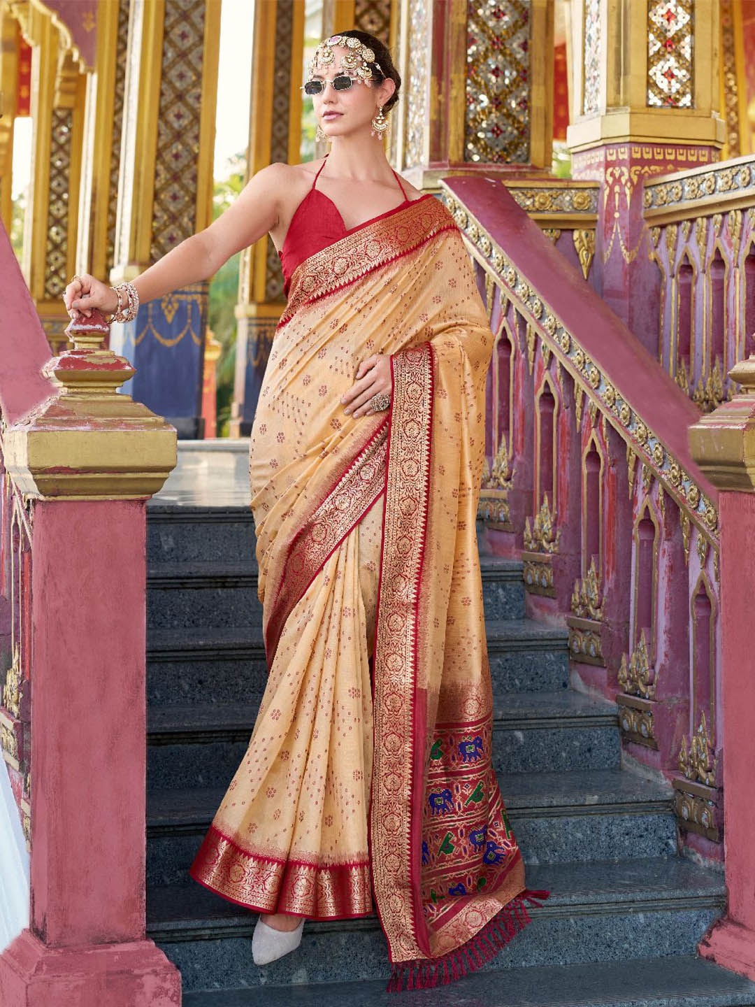 

Mitera Woven Design Zari Silk Blend Tussar Saree, Peach