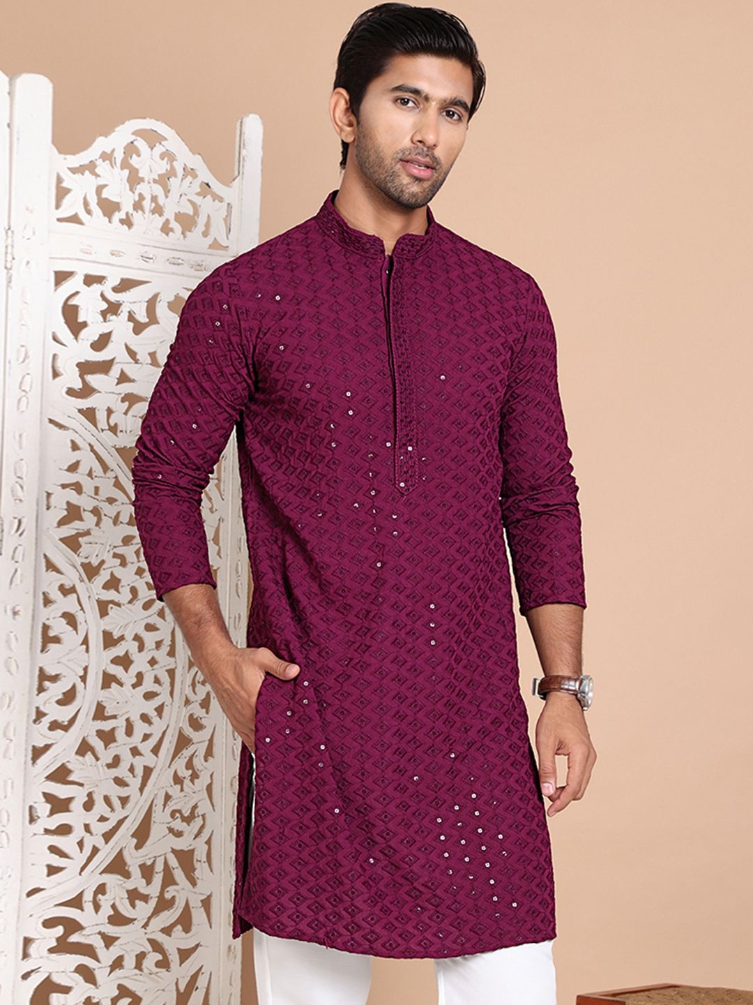 

Anouk Purple Ethnic Motifs Embroidered Mandarin Collar Sequinned Straight Kurta