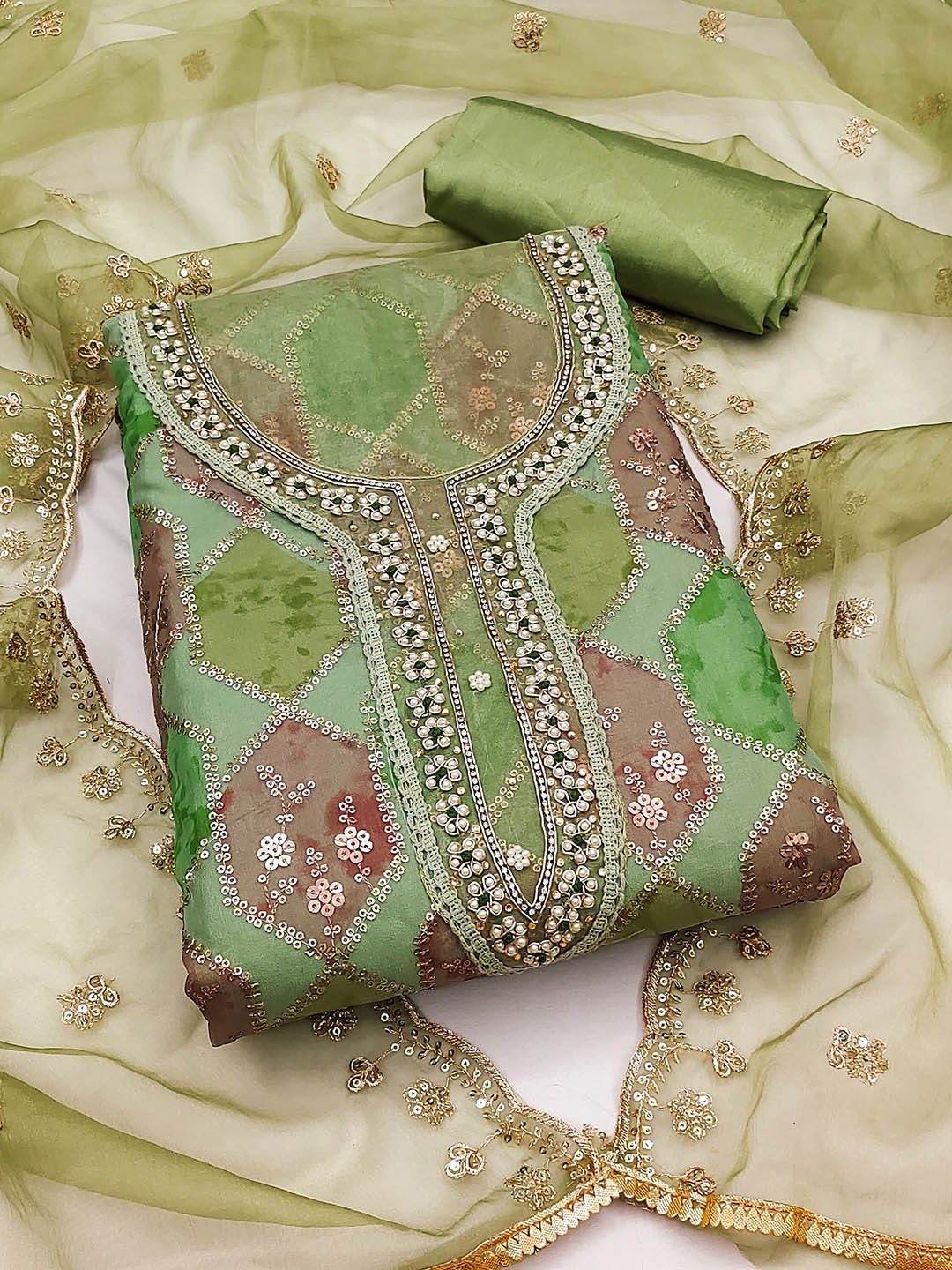 

Blissta Geometric Embellished Organza Unstitched Dress Material, Green