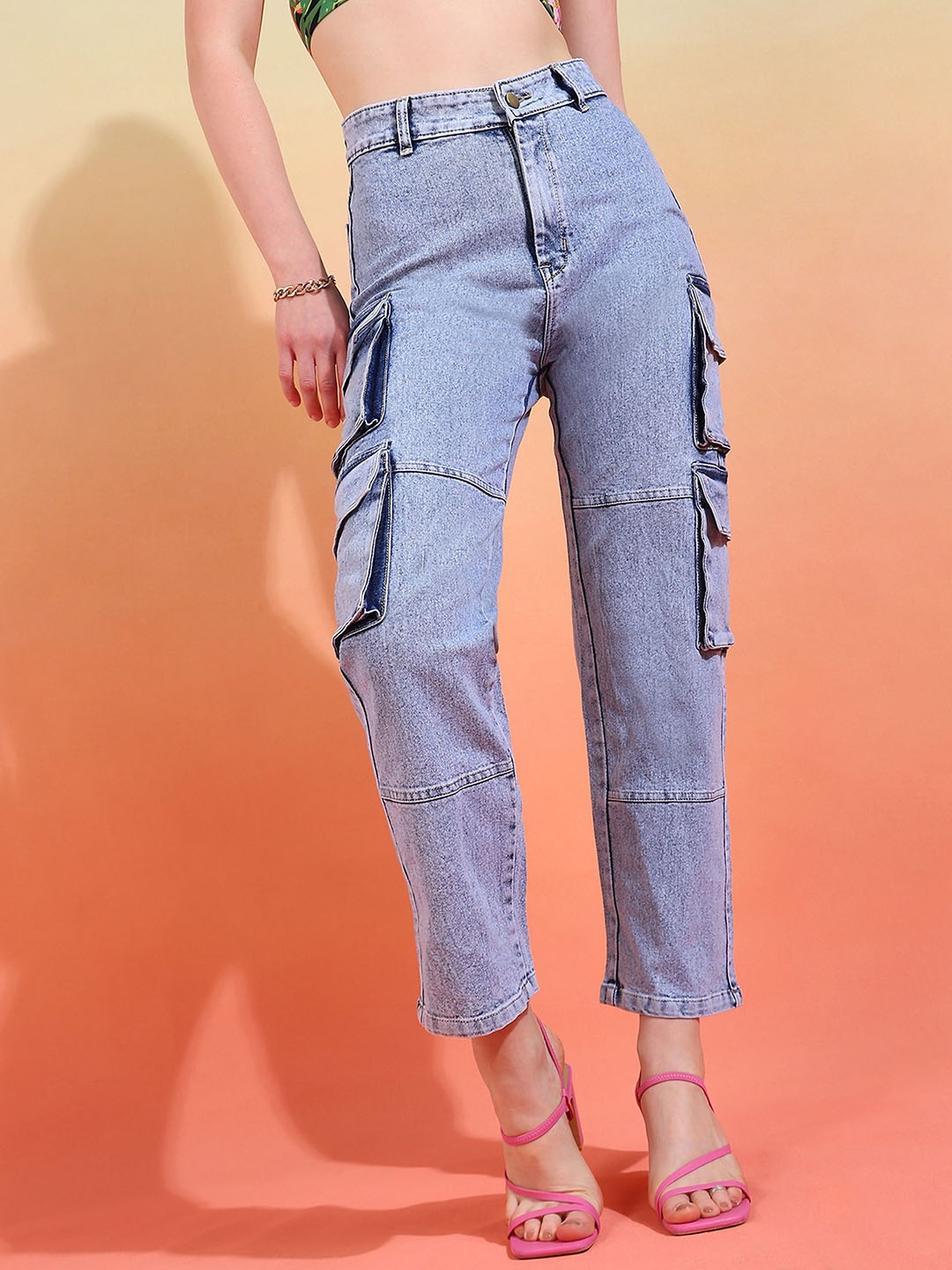 

DressBerry Women Comfort Wide Leg High-Rise Stretchable Cargo Styles Jeans, Blue
