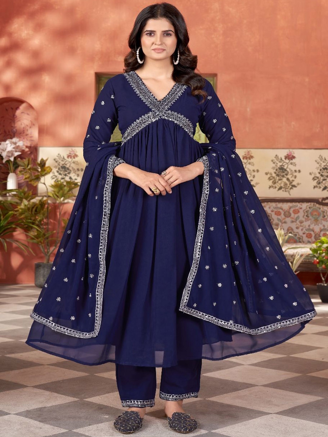 

VARNI FABRICS Floral Yoke Design Empire Georgette Anarkali Kurta With Trouser & Dupatta, Navy blue