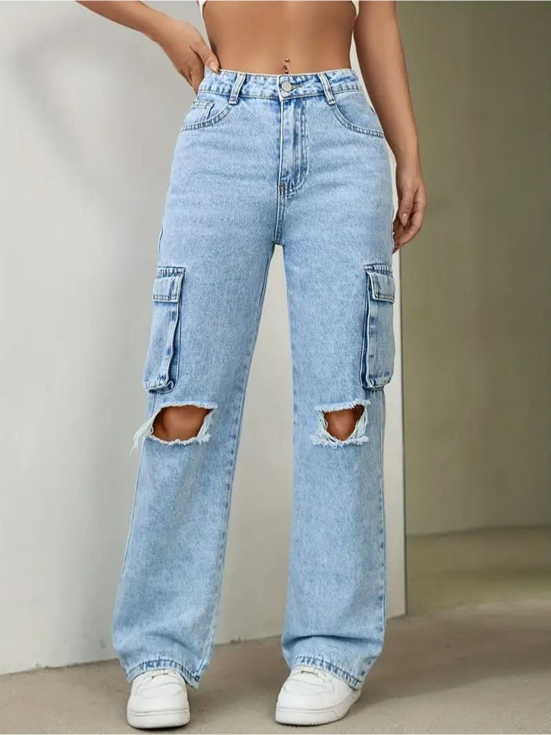 

DressBerry Women Wide Leg High-Rise Slash Knee Stretchable Jeans, Blue