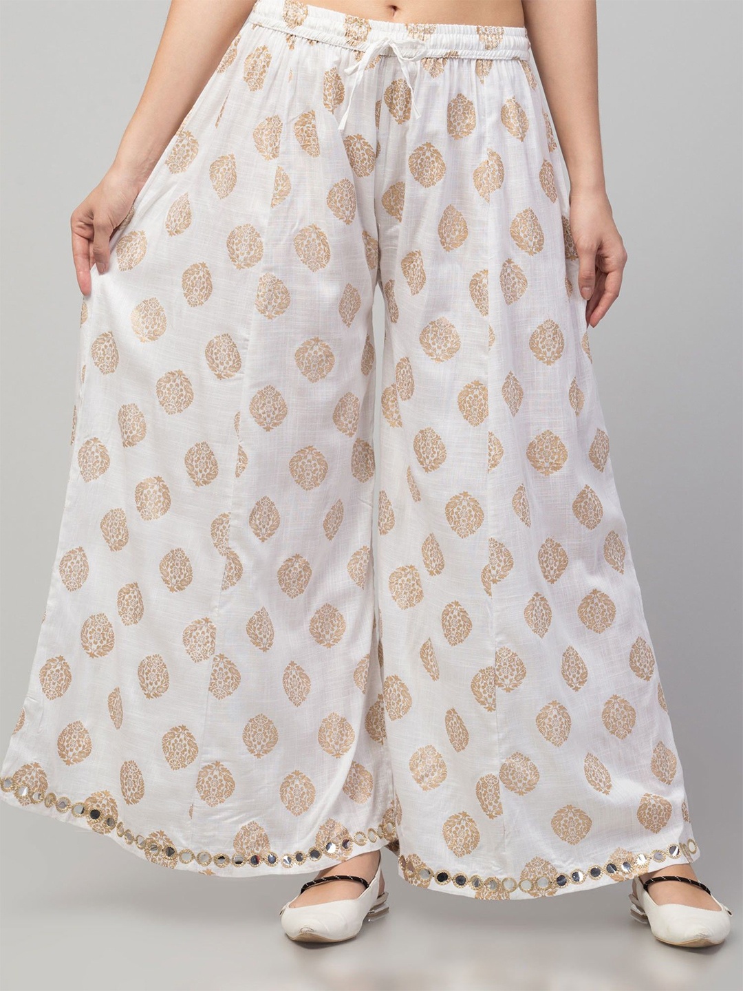 

FAMBEE Women Ethnic Motifs Printed Flared Knitted Palazzos, Cream