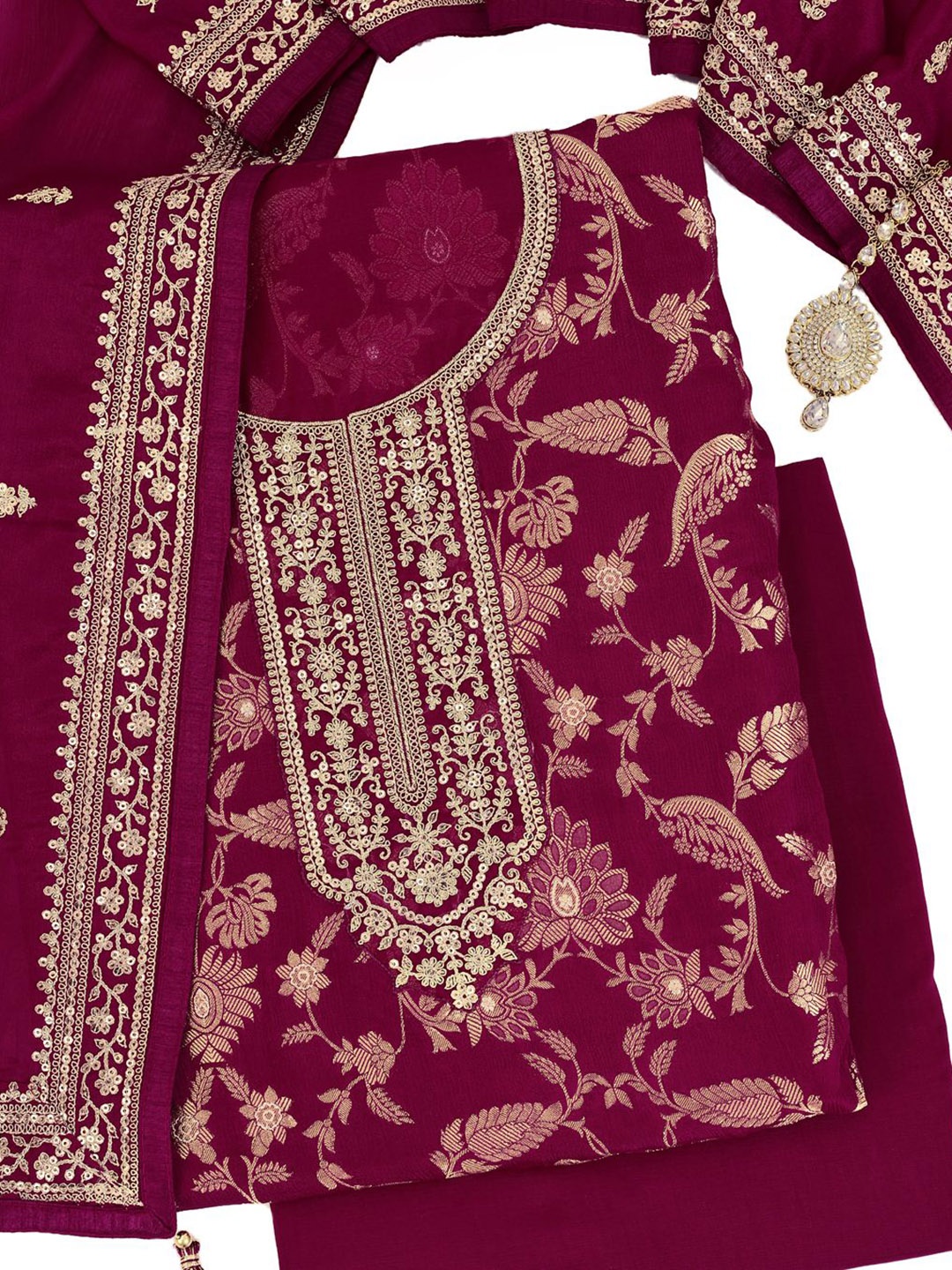 

KULEESH Floral Printed Zari Semi-Stitched Dress Material, Maroon