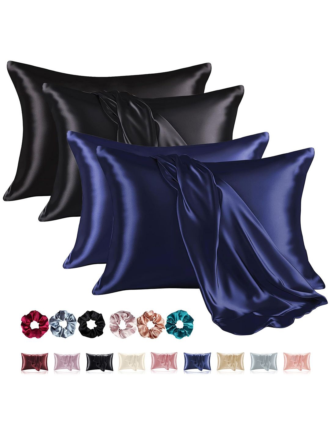 

Kuber Industries Black & Navy Blue 4 Pieces Soft Satin Rectangle Pillow Covers