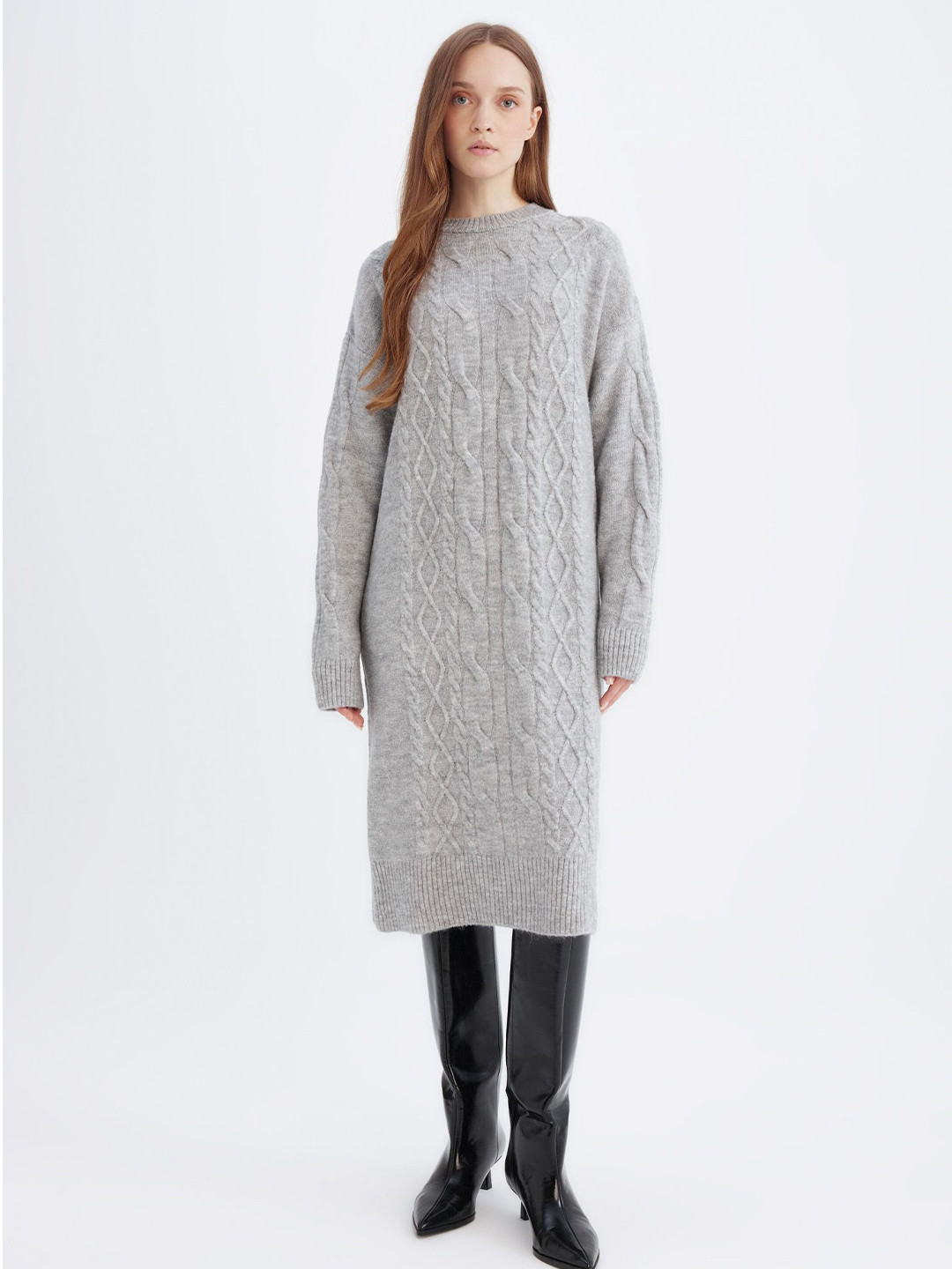 

DeFacto Women Self Design Cable Knit Sweater, Grey