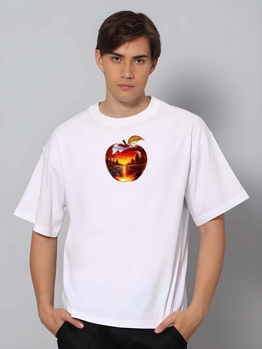 

BOWLIFESTYLE Men Graphic Printed Round Neck Cotton Oversized T-shirt, White