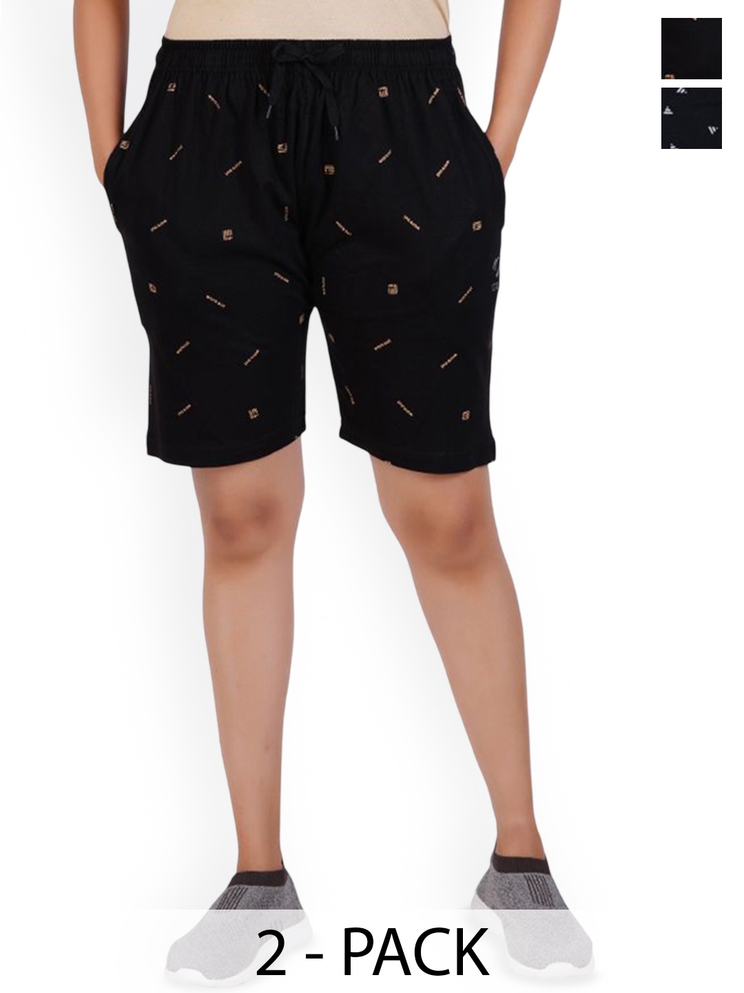 

FEEL TRACK Women Pack of 2 Printed Cotton Shorts, Black