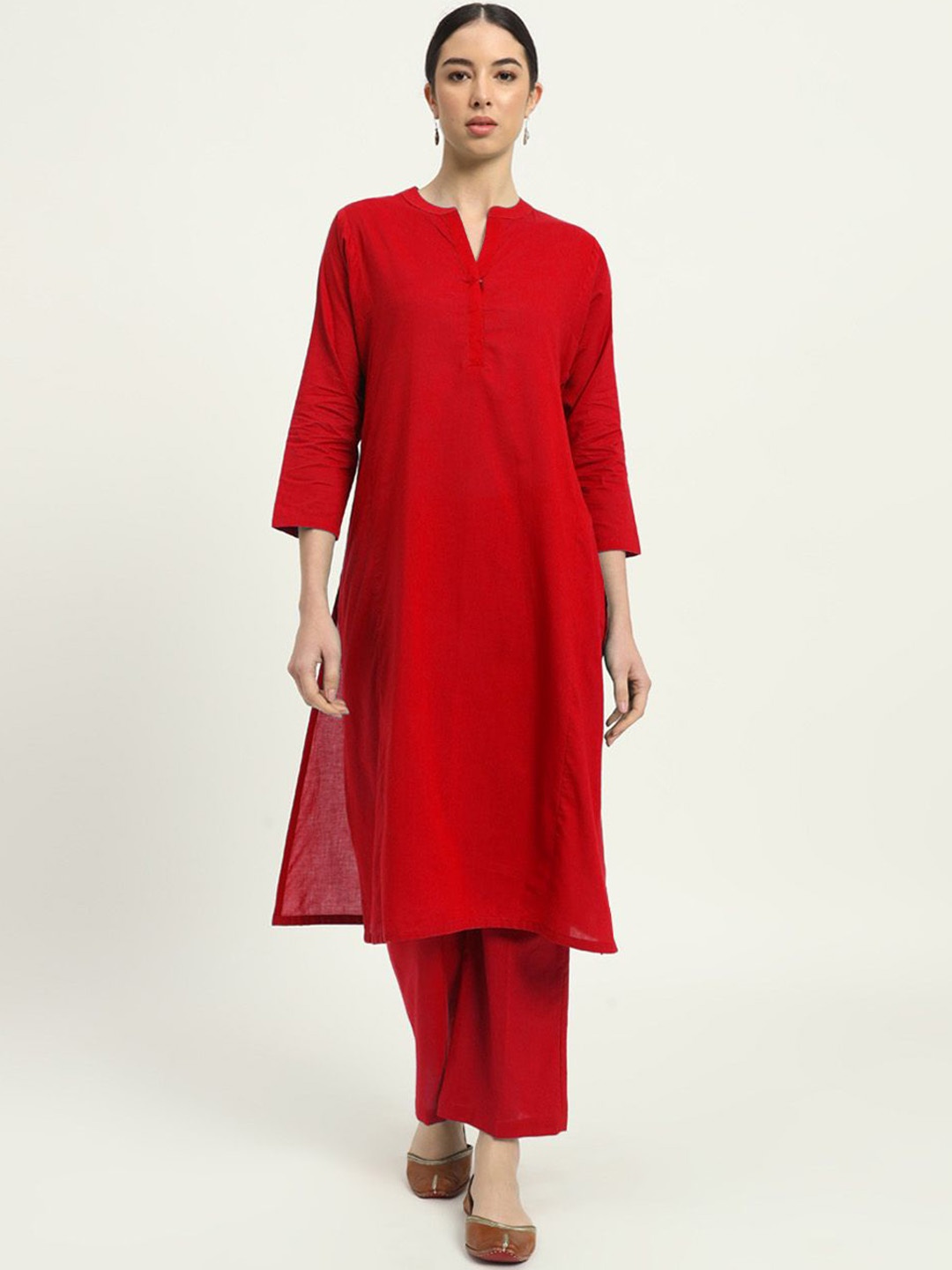 

Thevasa Everyday Bliss Mandarin Collar Pure Cotton Tunic With Trouser, Red