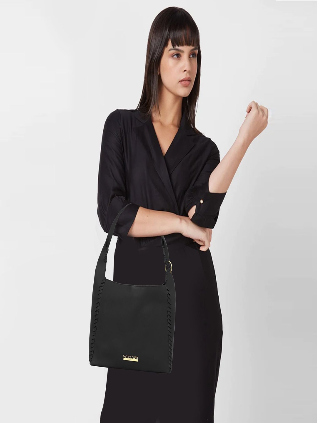 

VOYAGER PARIS Women Solid Structured Leather Handheld Bag With Pouch, Black