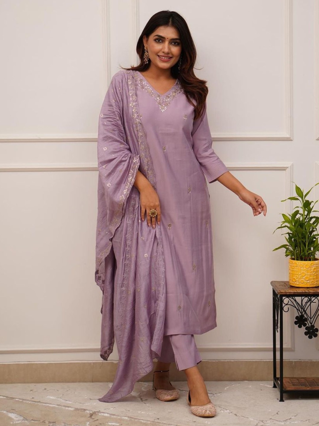 

KALINI Floral Embroidered Chanderi Beads And Stones Straight Kurta With Trousers & Dupatta, Lavender