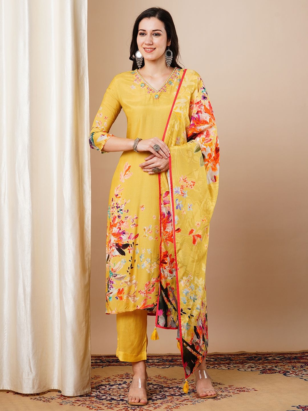 

FASHOR Floral Printed V-Neck Straight Kurta With Trousers And Dupatta, Yellow