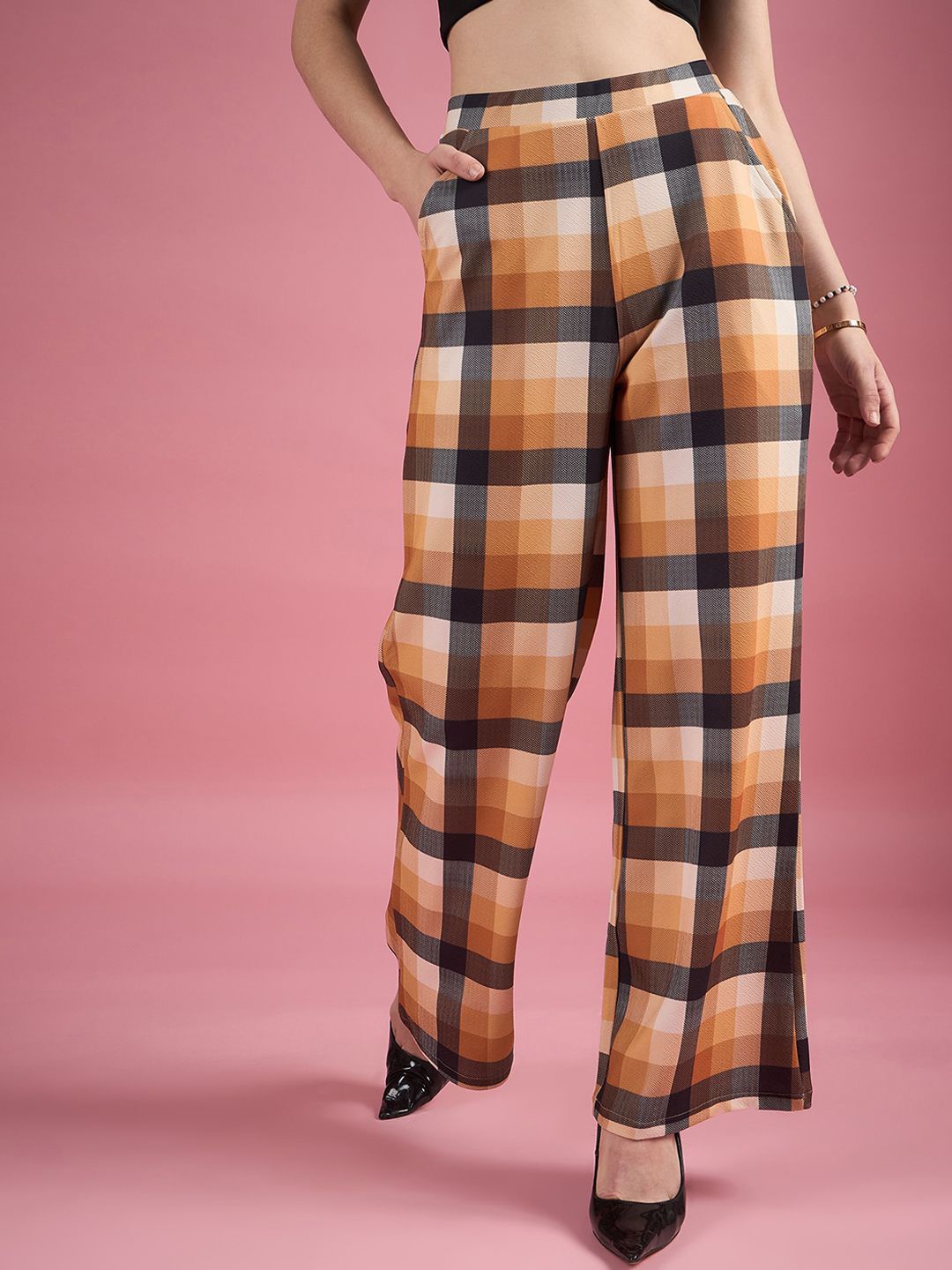 

DressBerry Women Checked Classic Flared High-Rise Easy Wash Trousers, Peach