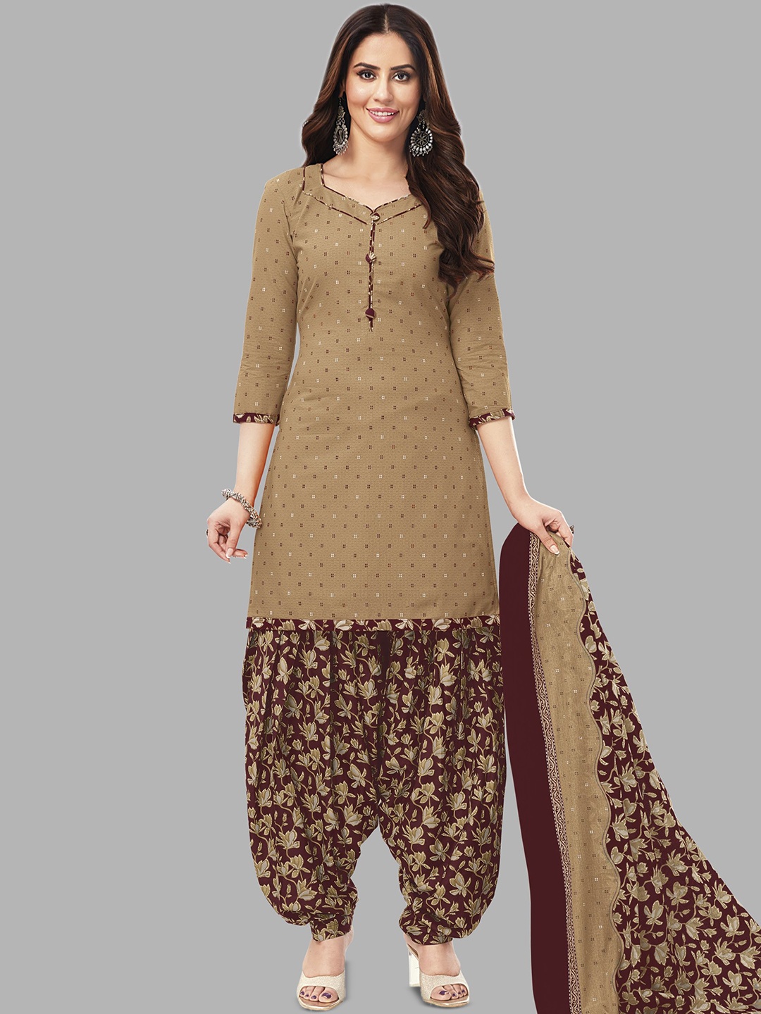 

shree jeenmata collection Printed Pure Cotton Unstitched Dress Material, Brown