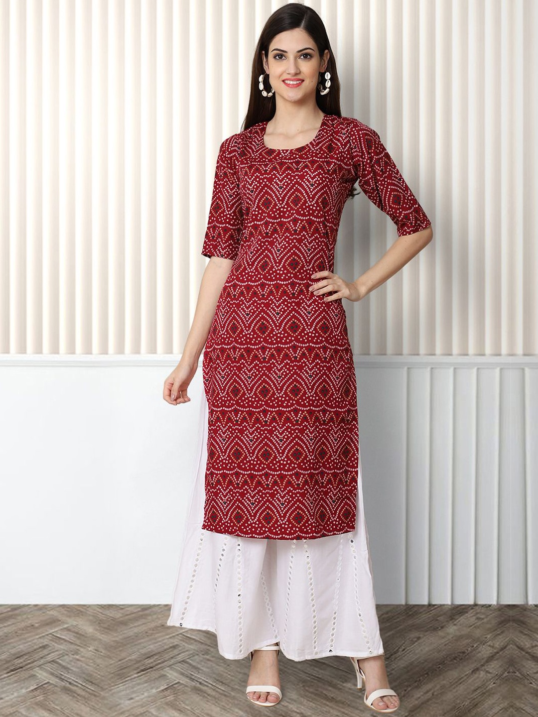 

Moda Rapido Bandhani Printed Round-Neck Straight Kurta, Maroon