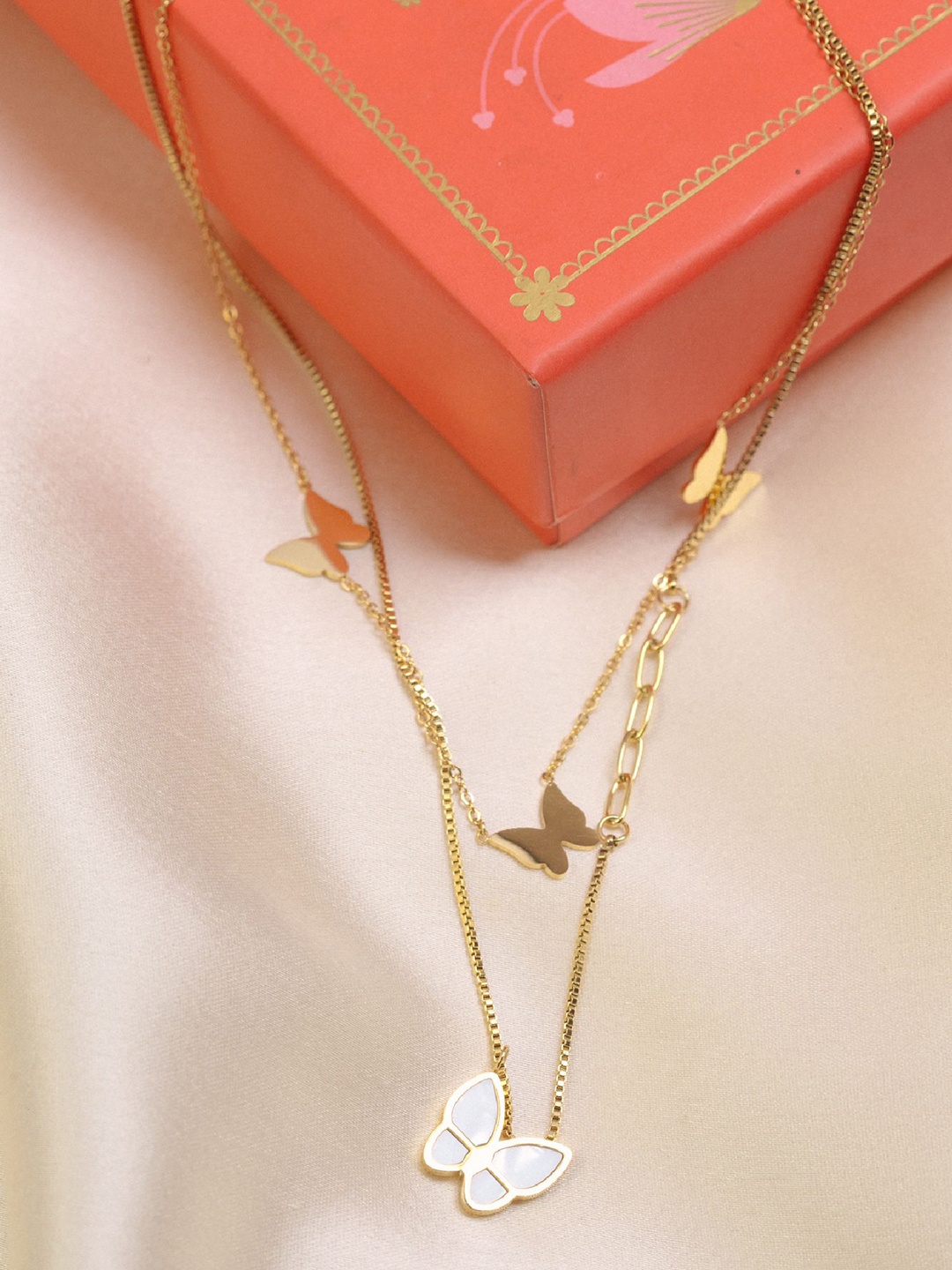 

ARTKLIM Stainless Steel Gold-Plated Double Layered Butterfly Charms Pendant Necklace