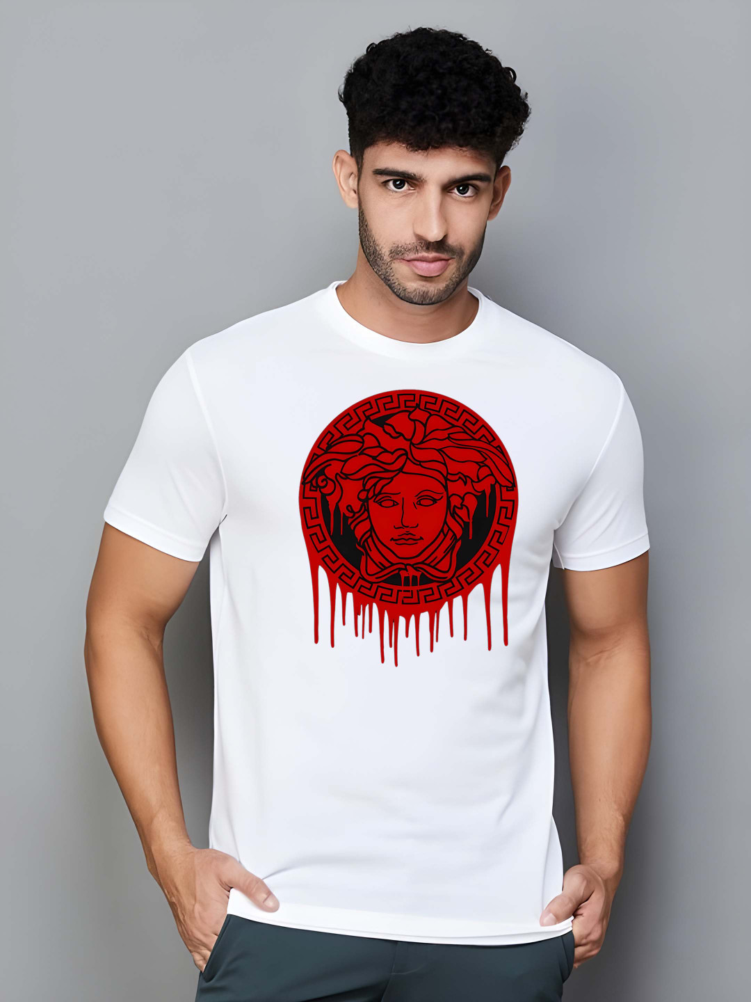 

Krimmple Men Graphic Printed Round Neck Cotton T-shirt, White