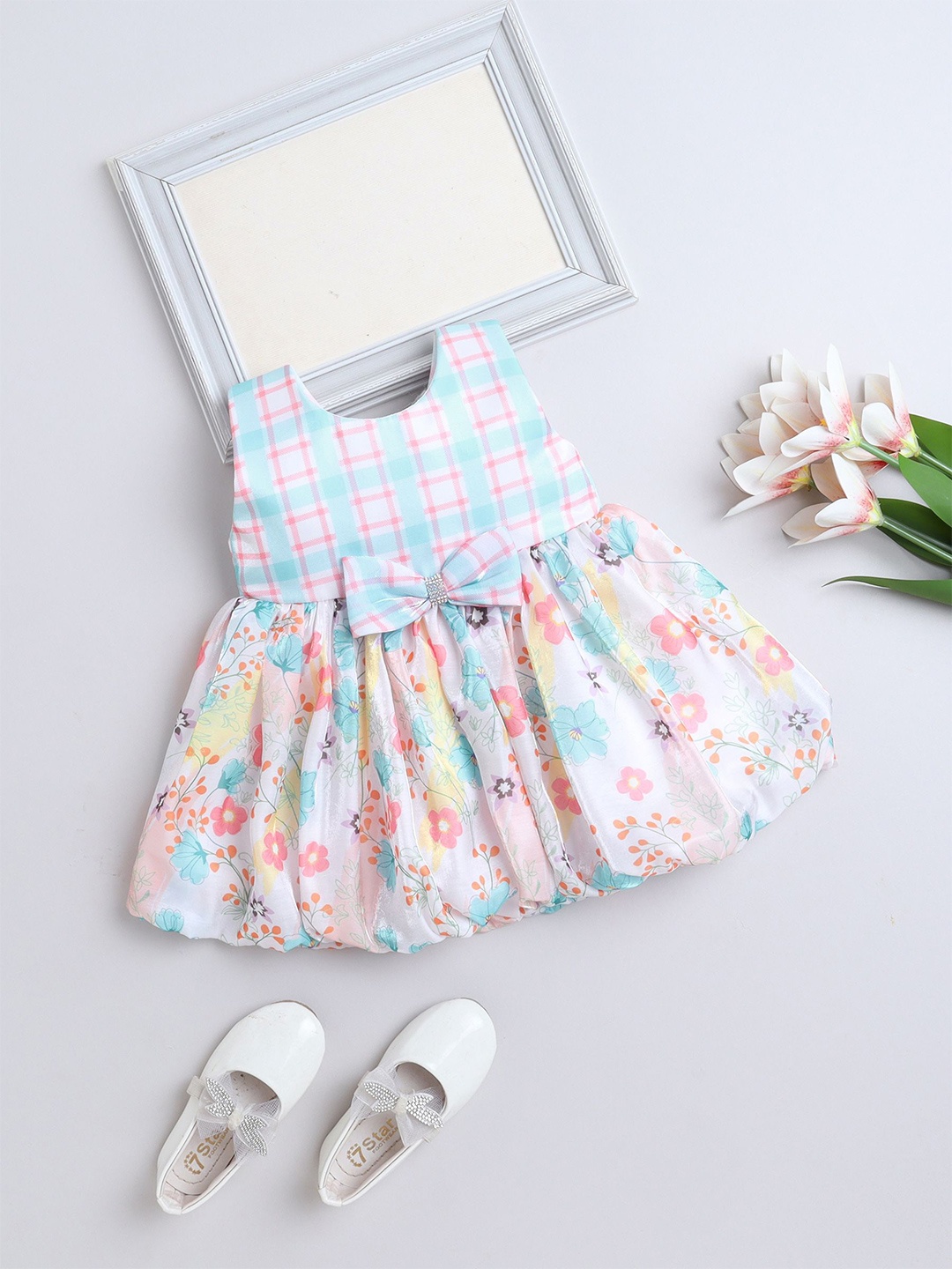 

The Magic Wand Girls Checked Balloon Dress With Bow, Blue