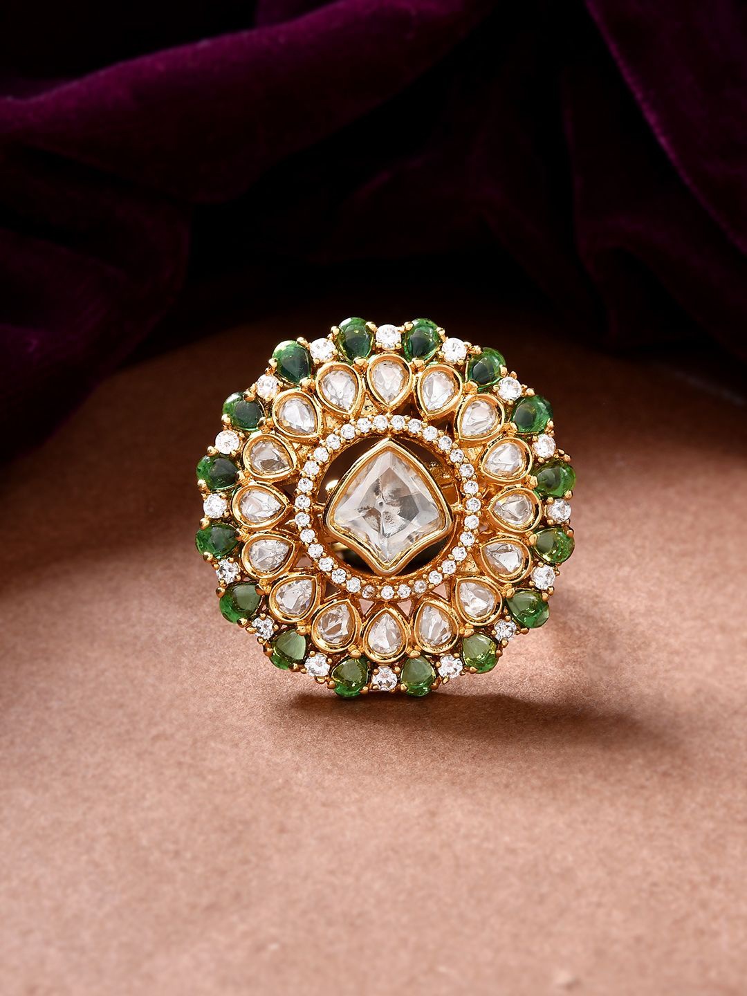 

Voylla Kundan Opulance Shahi Chand Green Ring, Gold