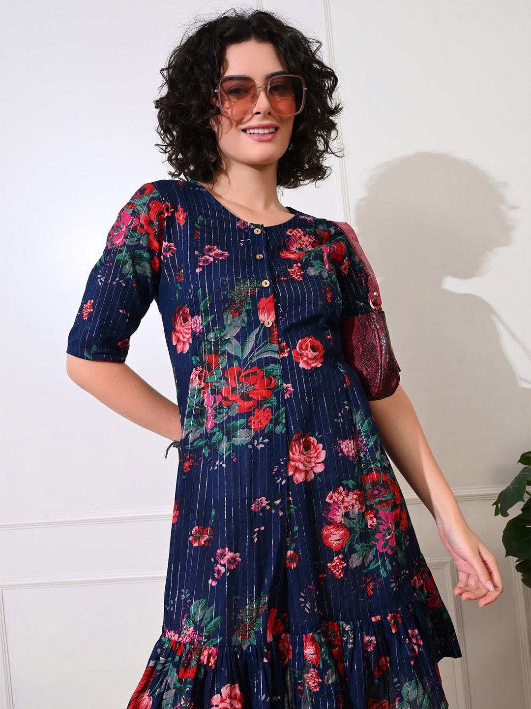 

DECKEDUP Floral Printed Ruffled Cotton Shirt Dress, Navy blue