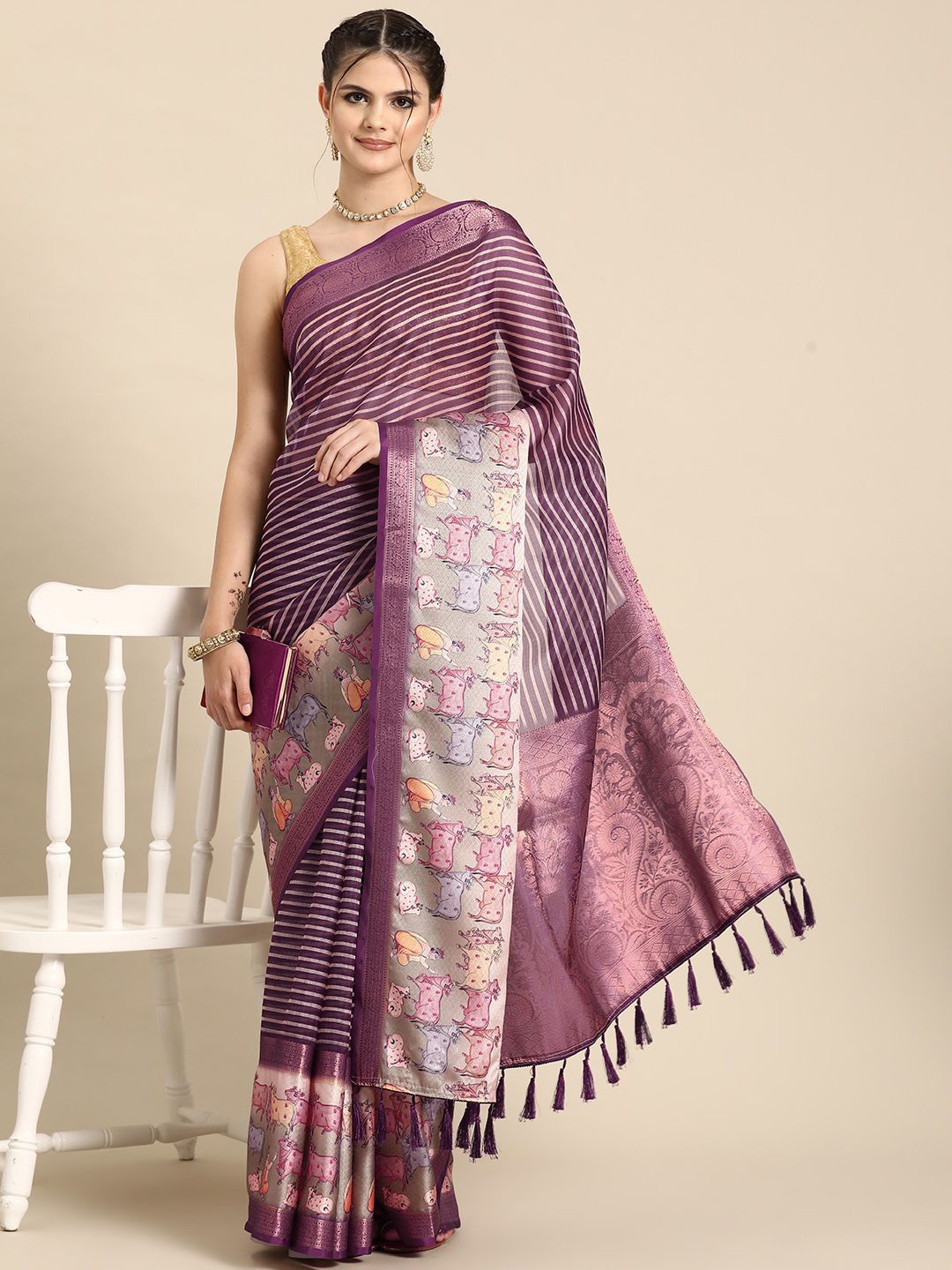

DIVASTRI Striped Zari Silk Blend Kanjeevaram Saree, Purple