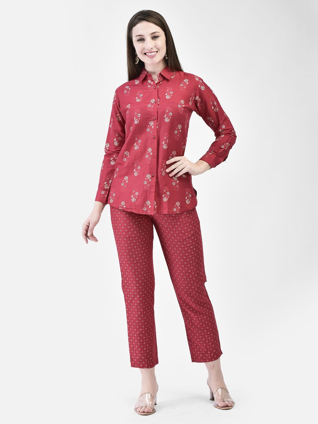 

Span Floral Printed Shirt Collar Pure Silk Straight Short Kurti With Trouser, Pink