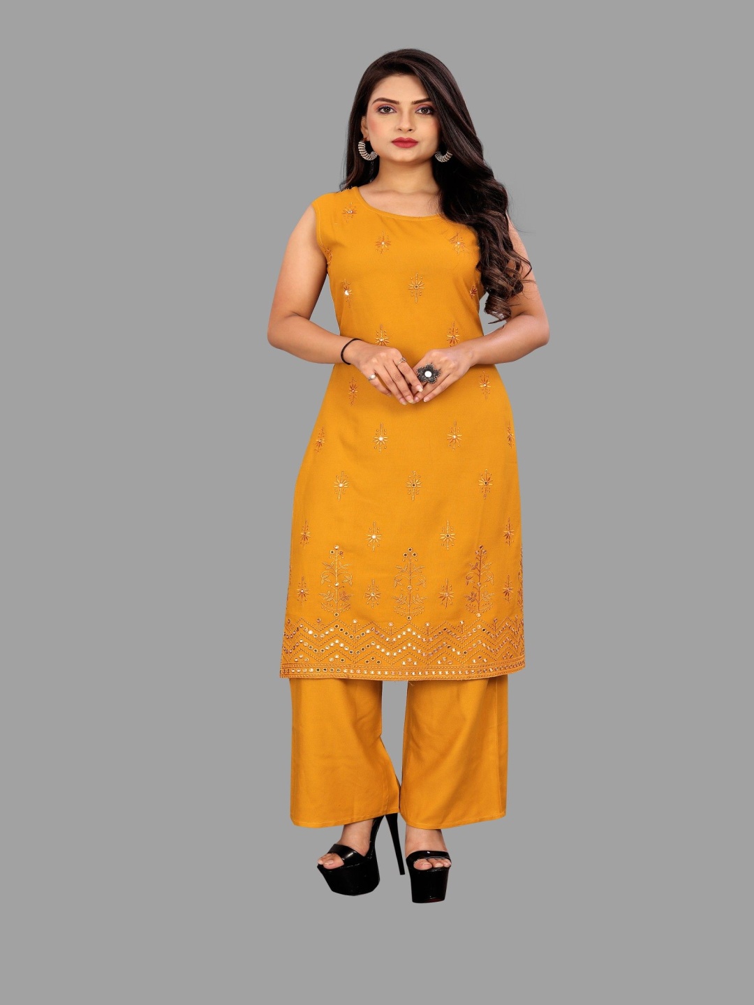 

SARVAGNA Women Embroidered Regular Sequinned Kurta with Palazzos, Mustard